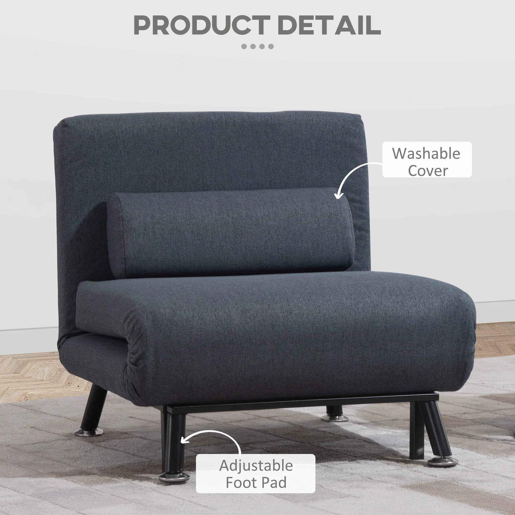 Linen Single Chair Bed, 3-in-1 Convertible Sleeper Chair with Adjustable Backrest, Dark Grey - Image 9
