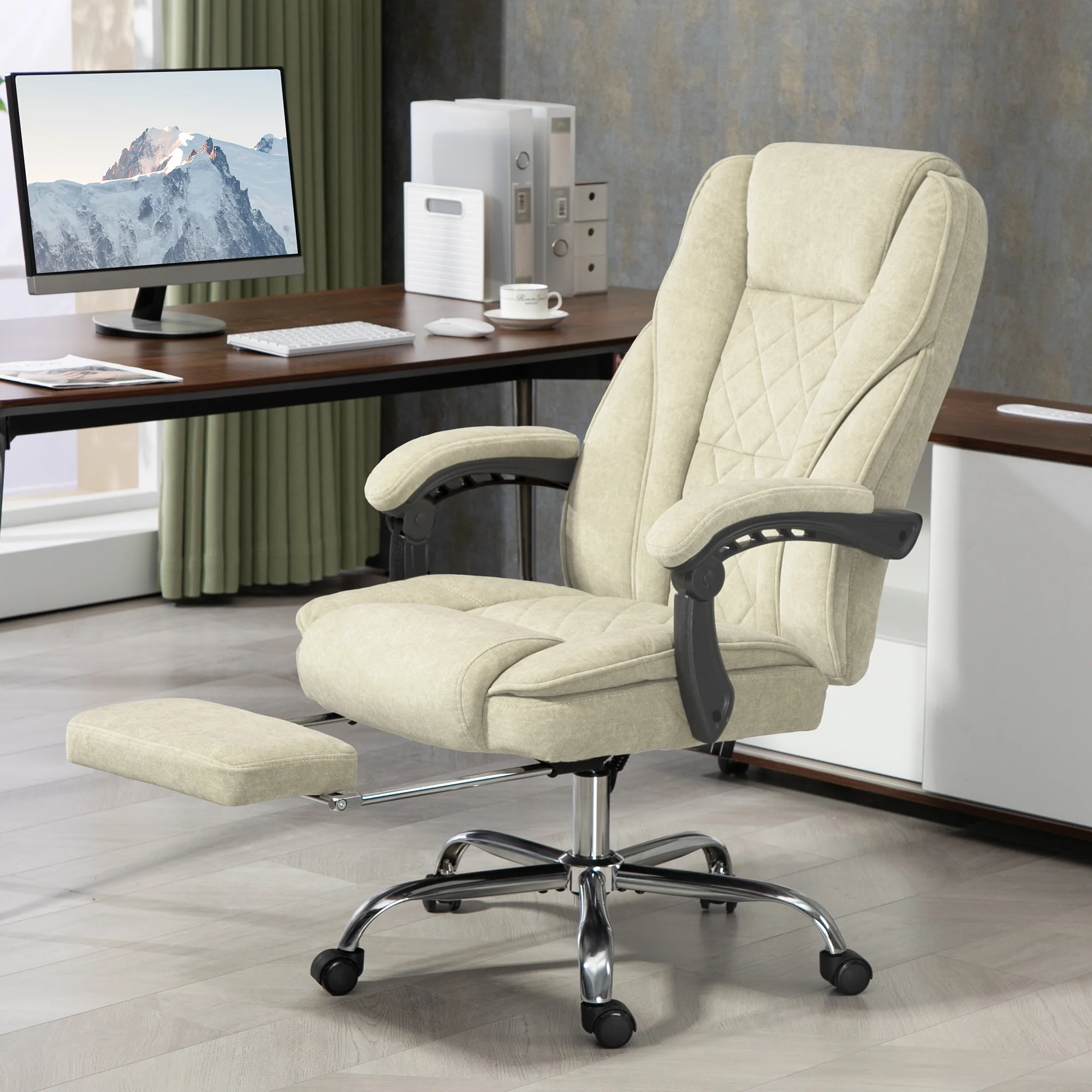 Massage Office Chair, Heated Reclining Computer Chair with Adjustable Height and Footrest, Beige - Image 3