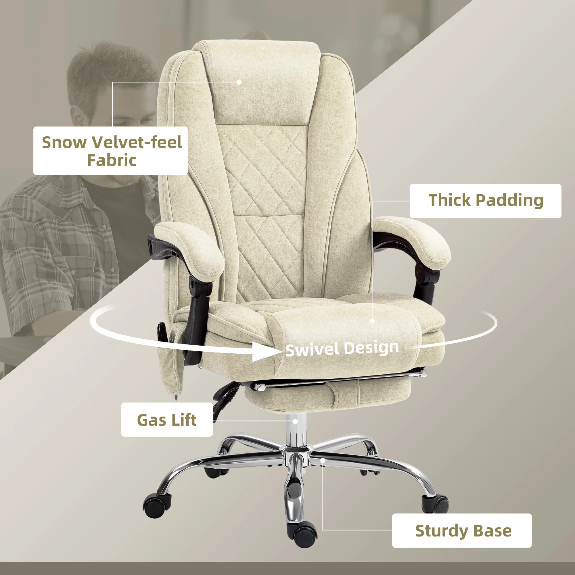 Massage Office Chair, Heated Reclining Computer Chair with Adjustable Height and Footrest, Beige - Image 9