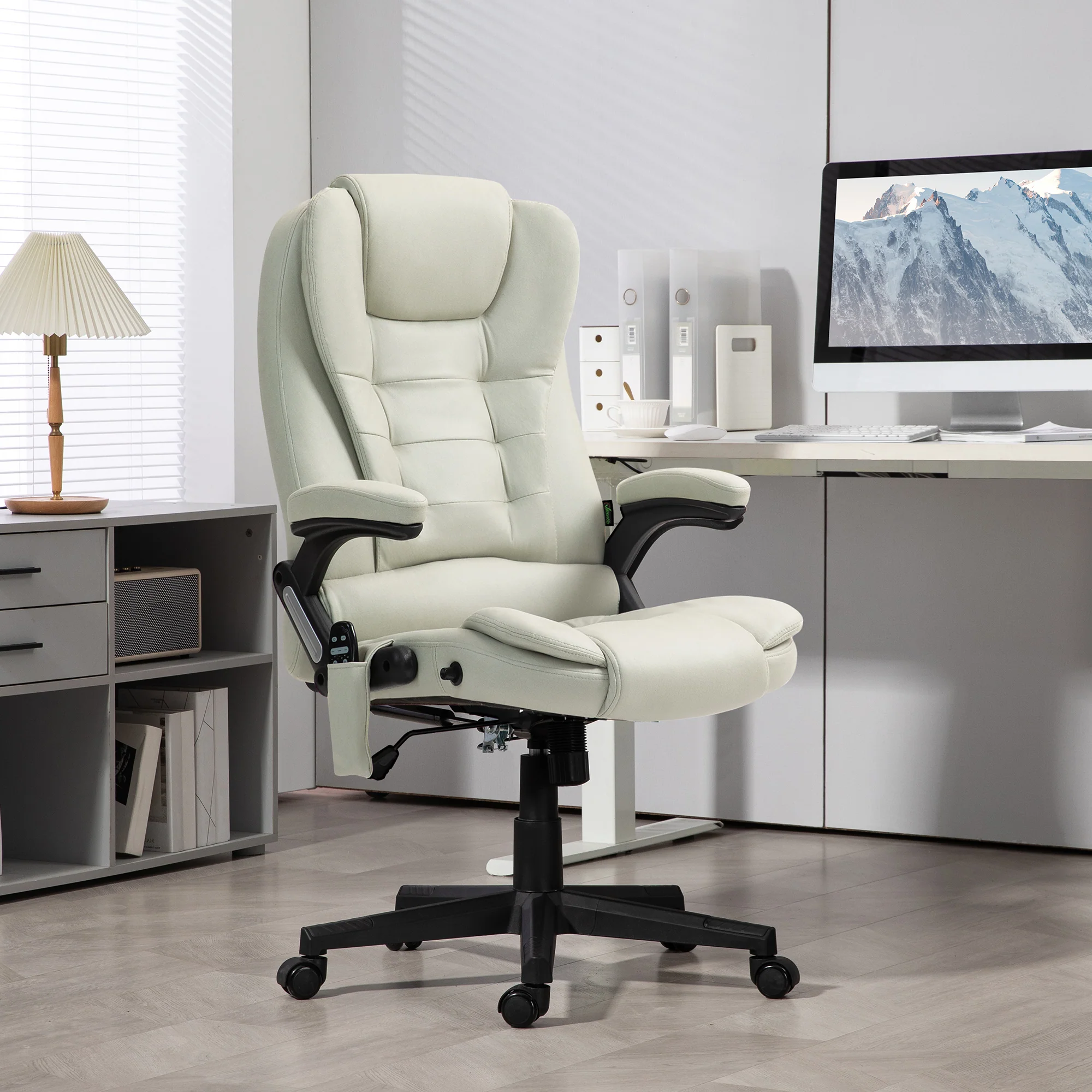 6 Point Vibrating Massage Office Chair with Heat, Microfiber Massage Desk Chair with Reclining Backrest, Beige - Image 4