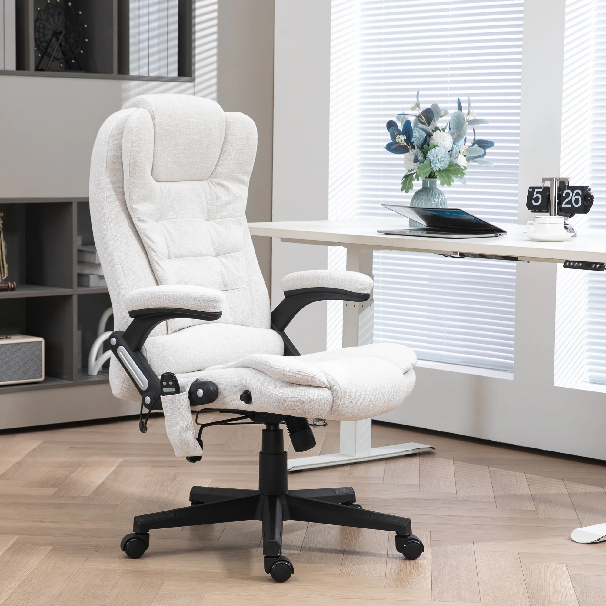 6 Point Vibrating Massage Office Chair, Linen High Back Desk Chair with Heat, White - Image 3