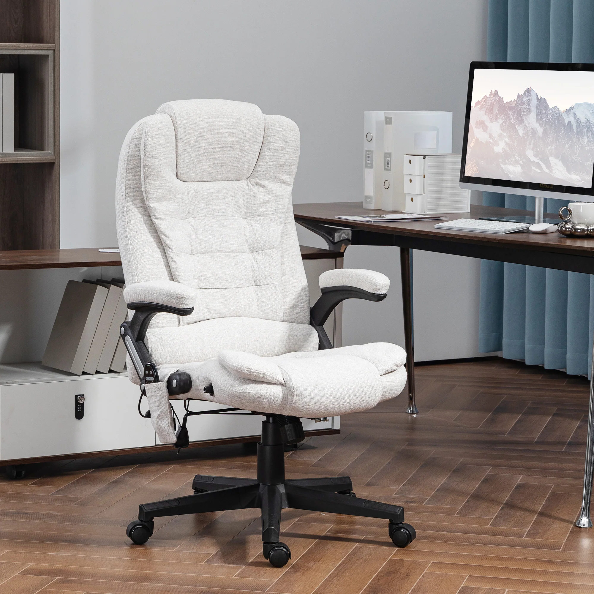6 Point Vibrating Massage Office Chair, Linen High Back Desk Chair with Heat, White - Image 4