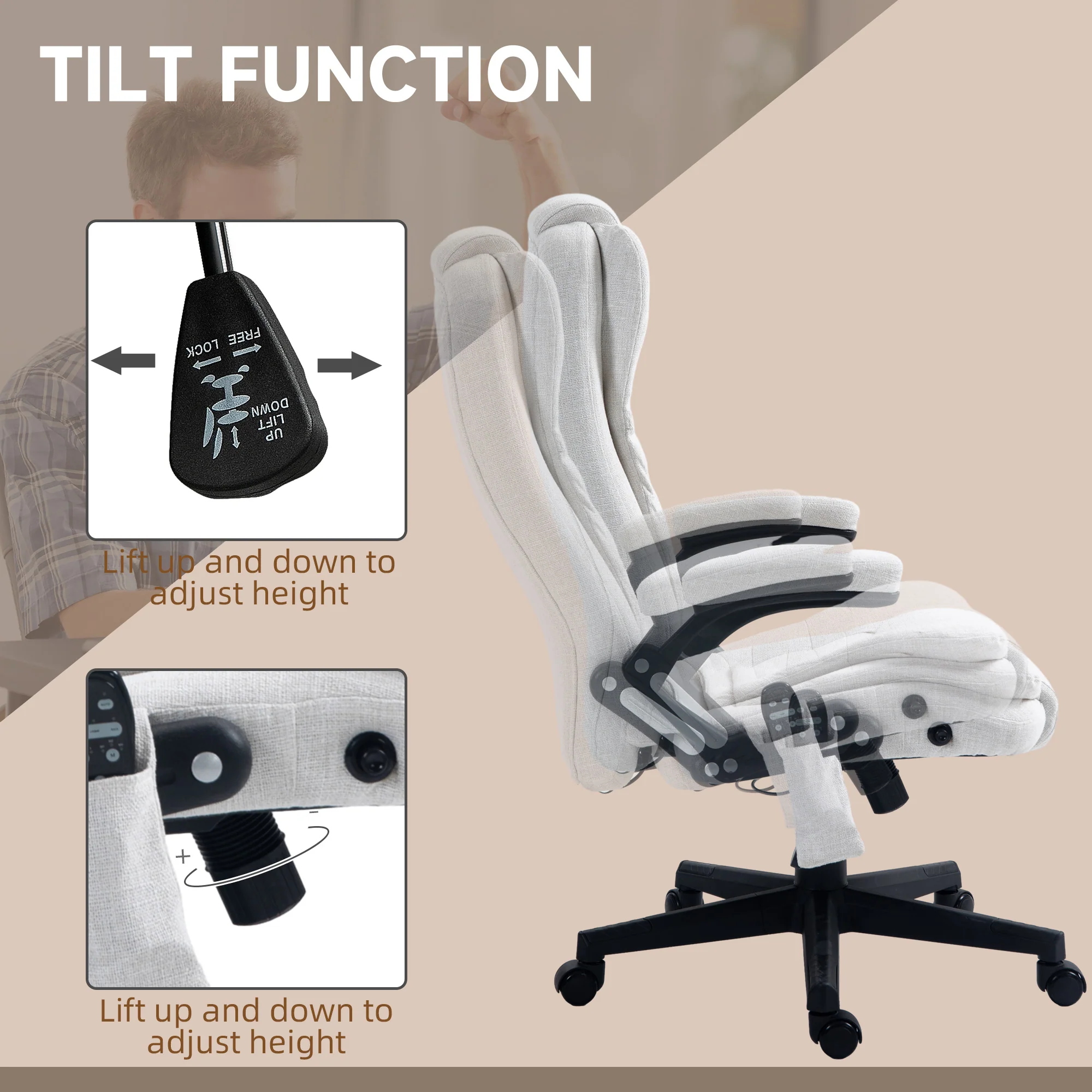 6 Point Vibrating Massage Office Chair, Linen High Back Desk Chair with Heat, White - Image 9