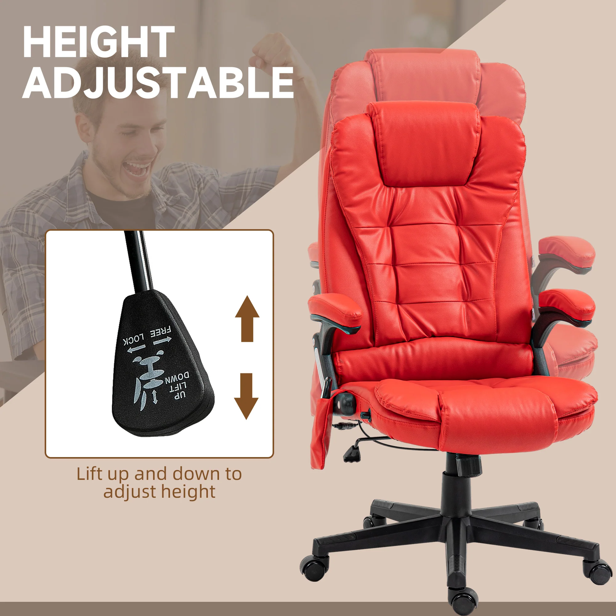 Heated Massage Office Chair with 6 Vibration Points, Armrest and Remote, Red - Image 7