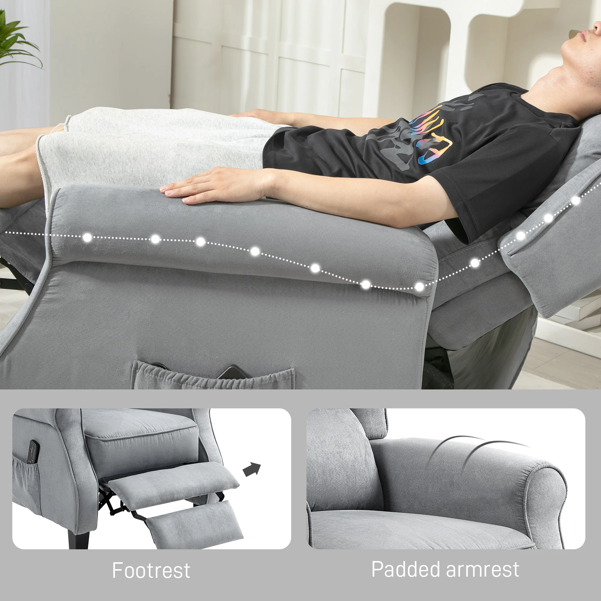 Wingback Massage Recliner with Remote Control and Extendable Footrest Grey - Image 10