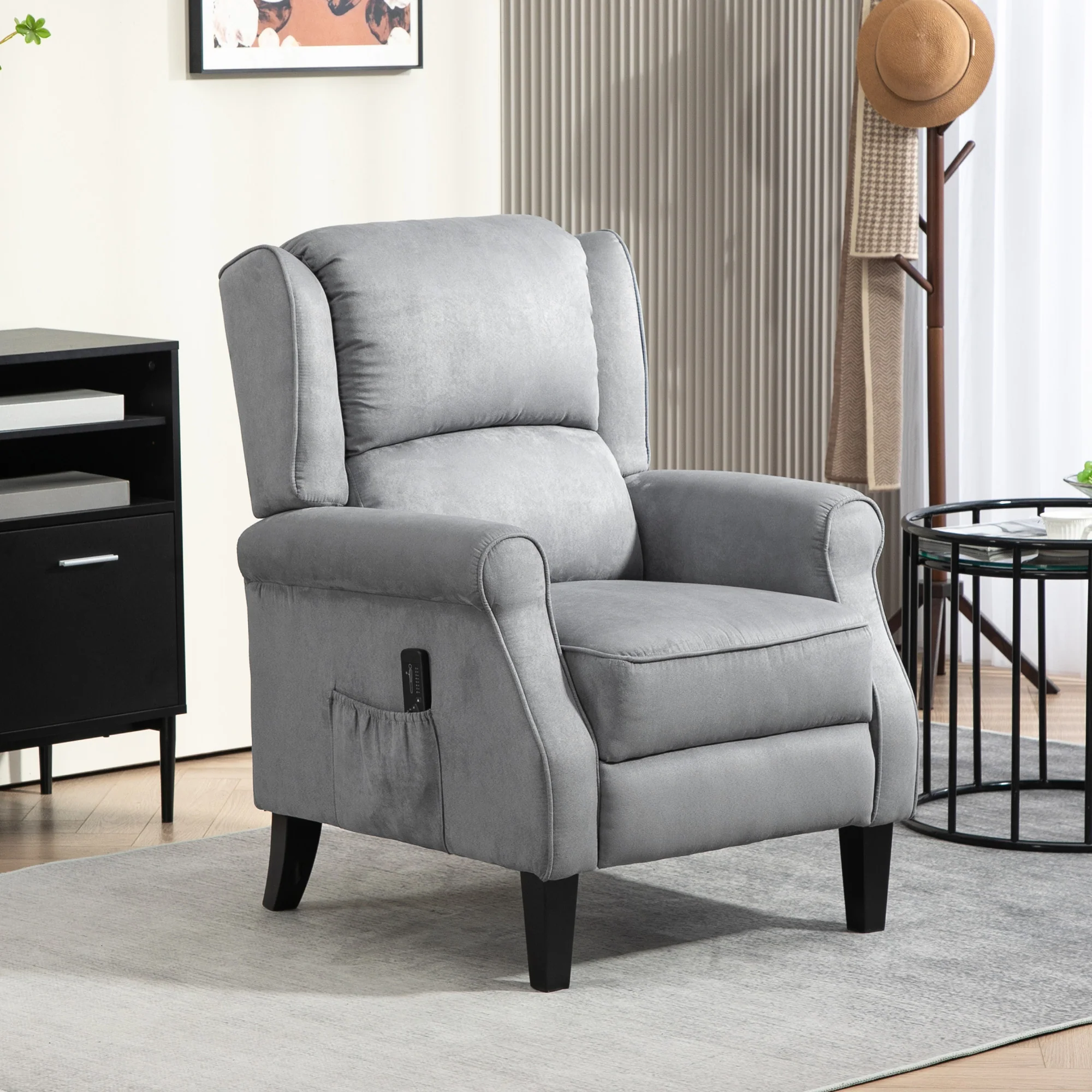 Wingback Massage Recliner with Remote Control and Extendable Footrest Grey - Image 3