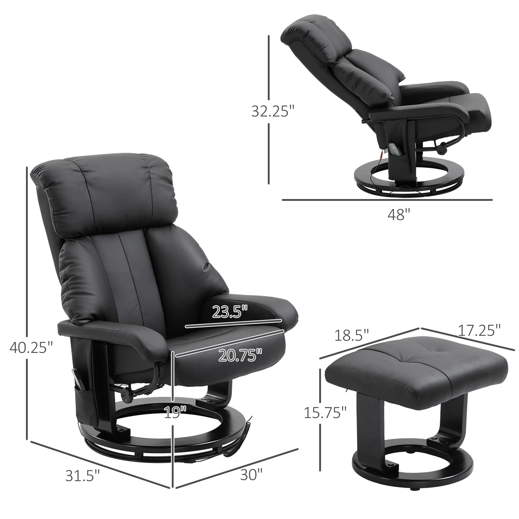 10-Point Massage Recliner Chair, Vibration Massage Sofa w/ Ottoman Footrest, Black - Image 5