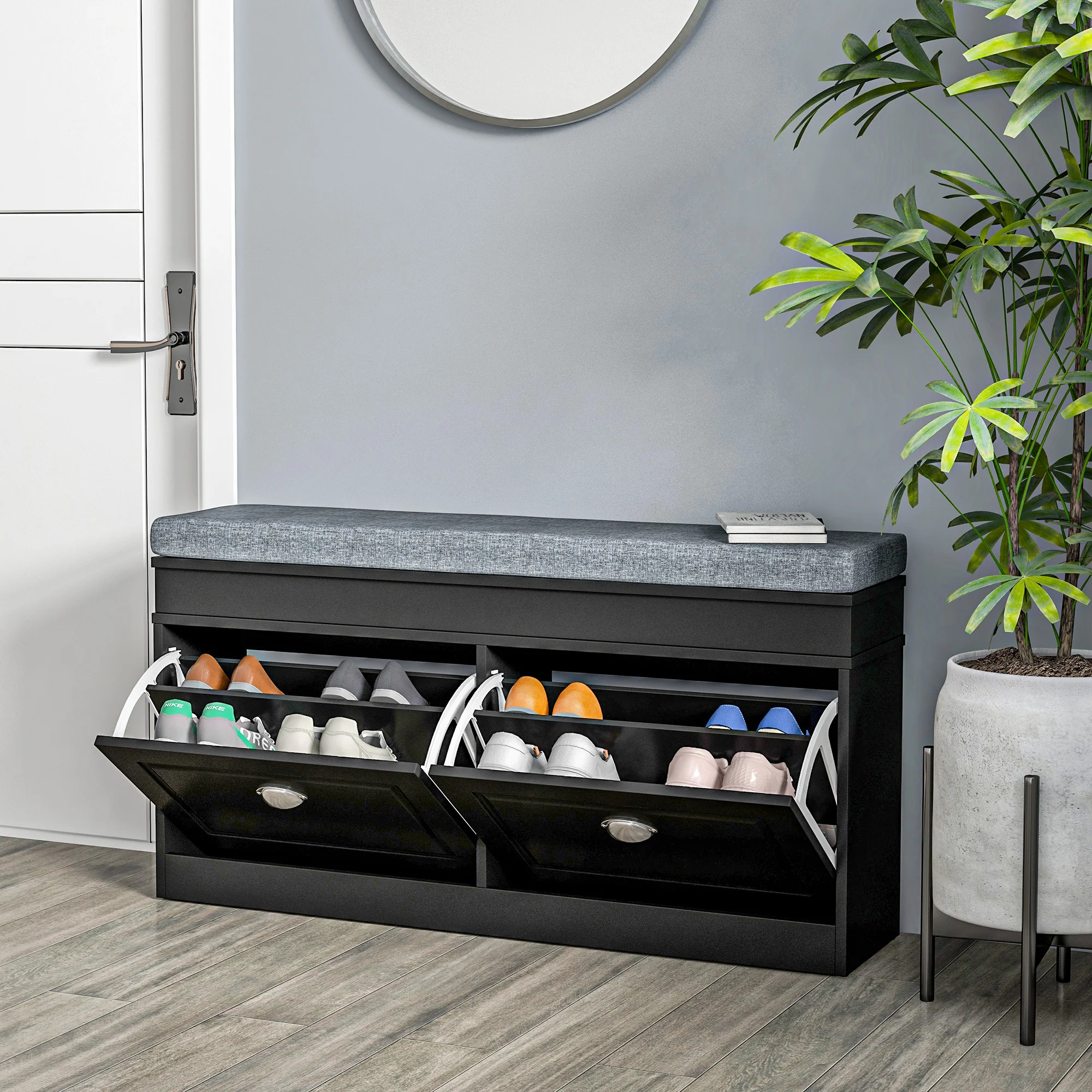 Modern Shoe Storage Bench w/ Cushion & 2 Drawers, Entryway Bench, Holds 8 Pairs, Black - Image 10