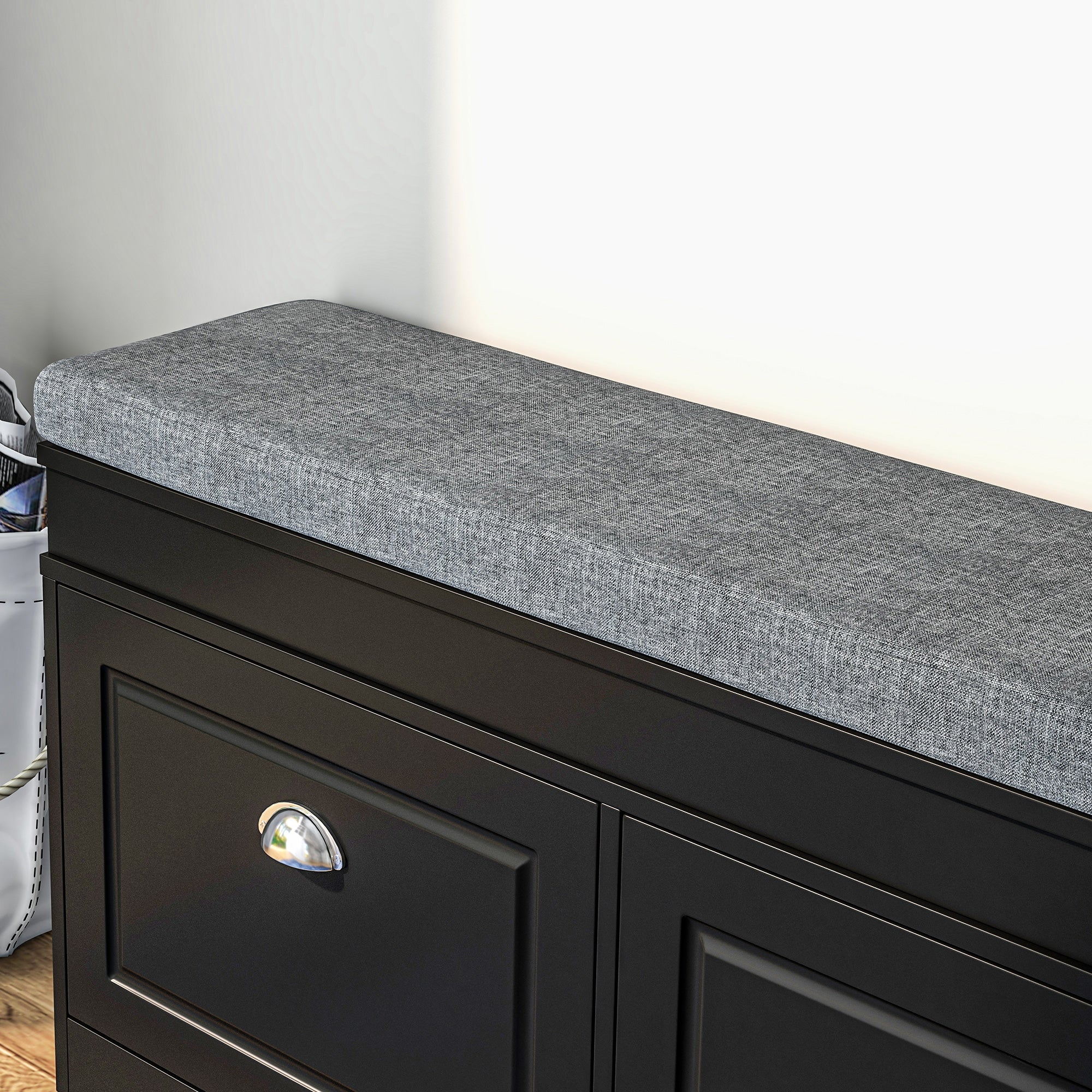 Modern Shoe Storage Bench w/ Cushion & 2 Drawers, Entryway Bench, Holds 8 Pairs, Black - Image 11