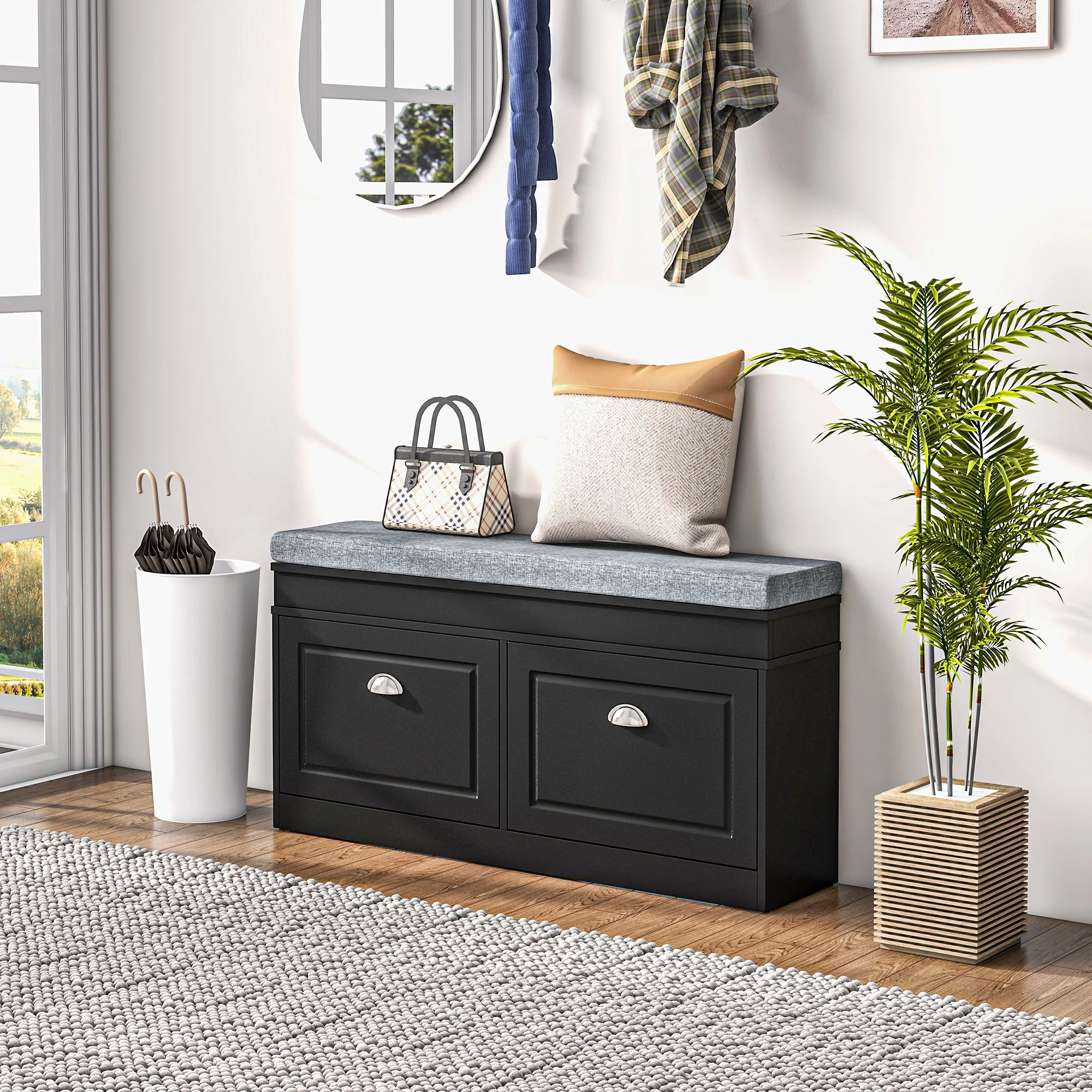 Modern Shoe Storage Bench w/ Cushion & 2 Drawers, Entryway Bench, Holds 8 Pairs, Black - Image 3