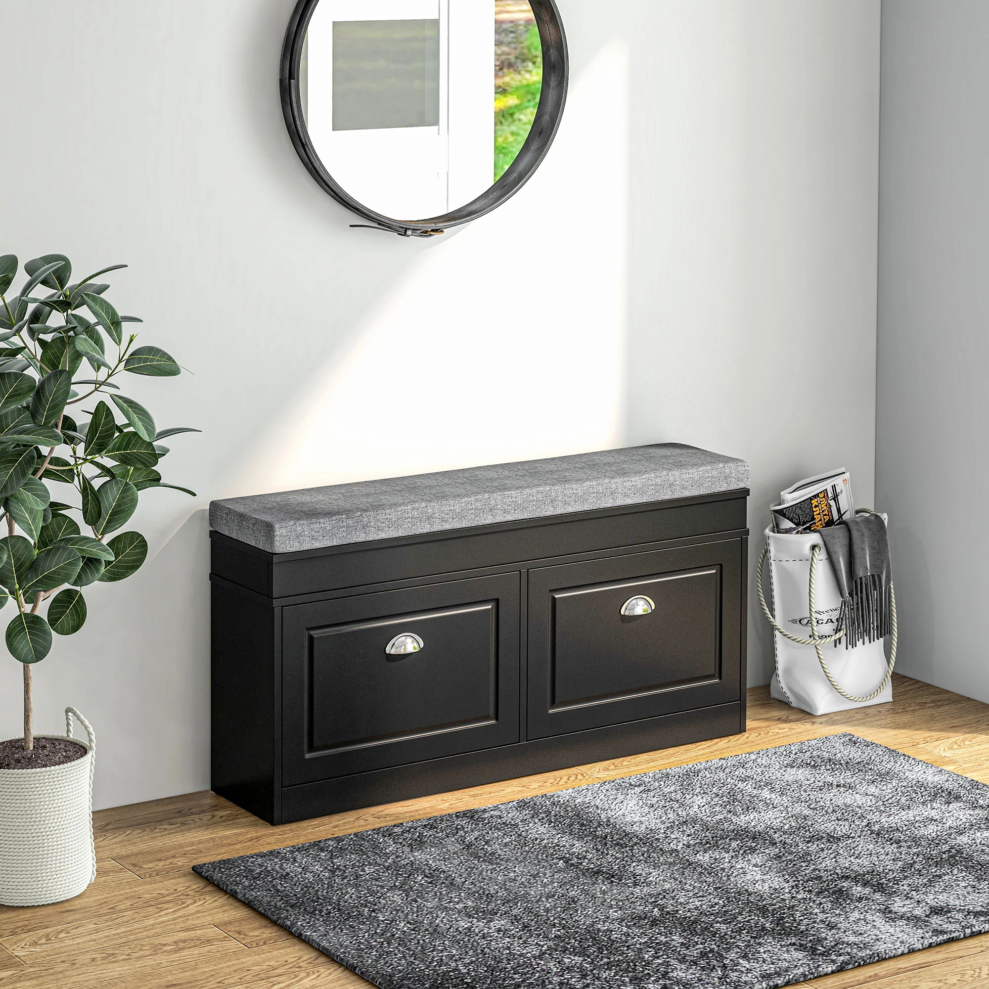 Modern Shoe Storage Bench w/ Cushion & 2 Drawers, Entryway Bench, Holds 8 Pairs, Black - Image 4