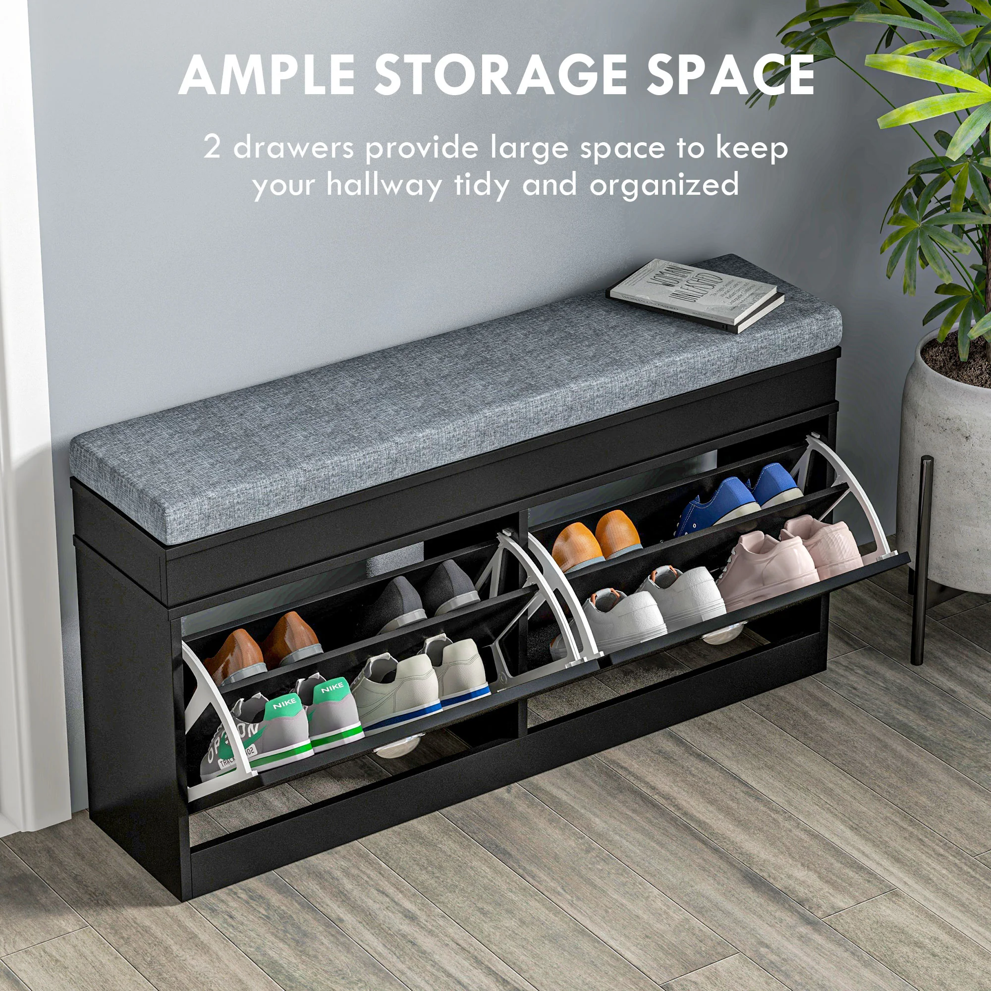 Modern Shoe Storage Bench w/ Cushion & 2 Drawers, Entryway Bench, Holds 8 Pairs, Black - Image 6