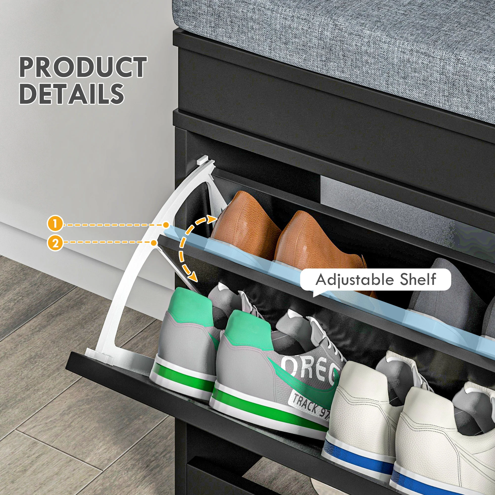 Modern Shoe Storage Bench w/ Cushion & 2 Drawers, Entryway Bench, Holds 8 Pairs, Black - Image 7