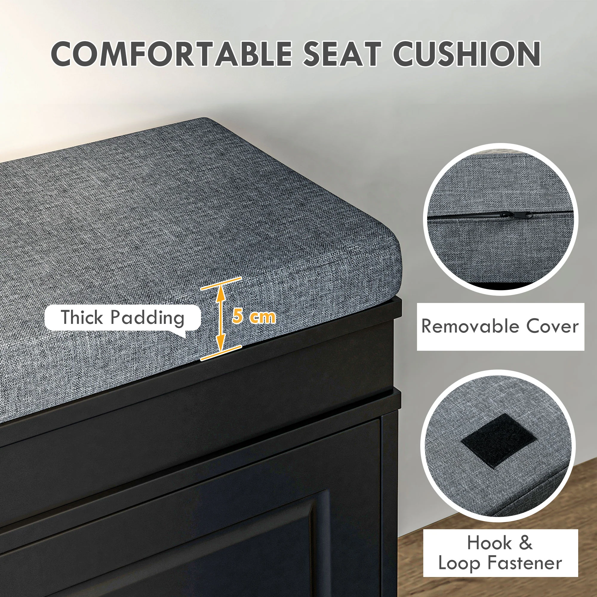 Modern Shoe Storage Bench w/ Cushion & 2 Drawers, Entryway Bench, Holds 8 Pairs, Black - Image 8