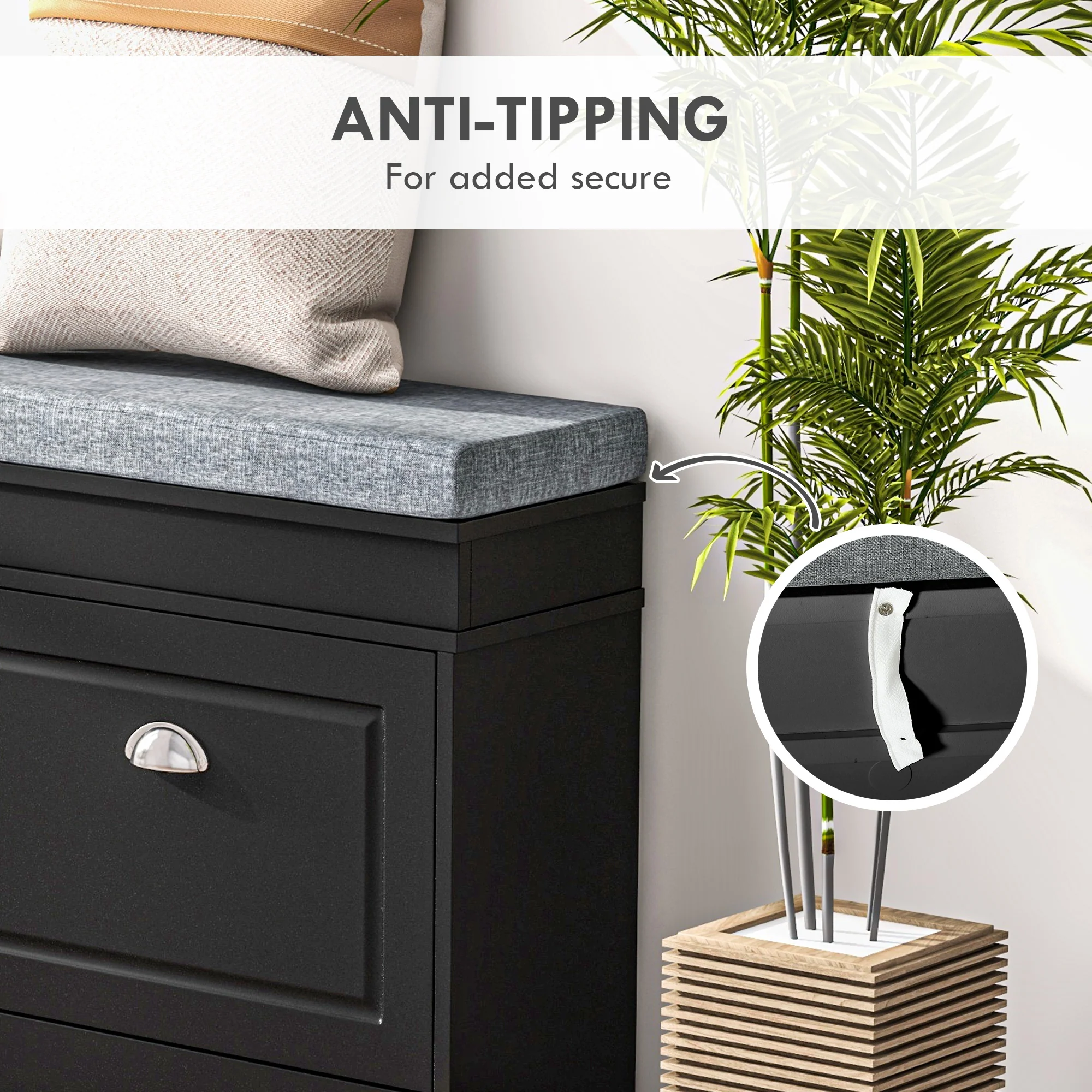 Modern Shoe Storage Bench w/ Cushion & 2 Drawers, Entryway Bench, Holds 8 Pairs, Black - Image 9
