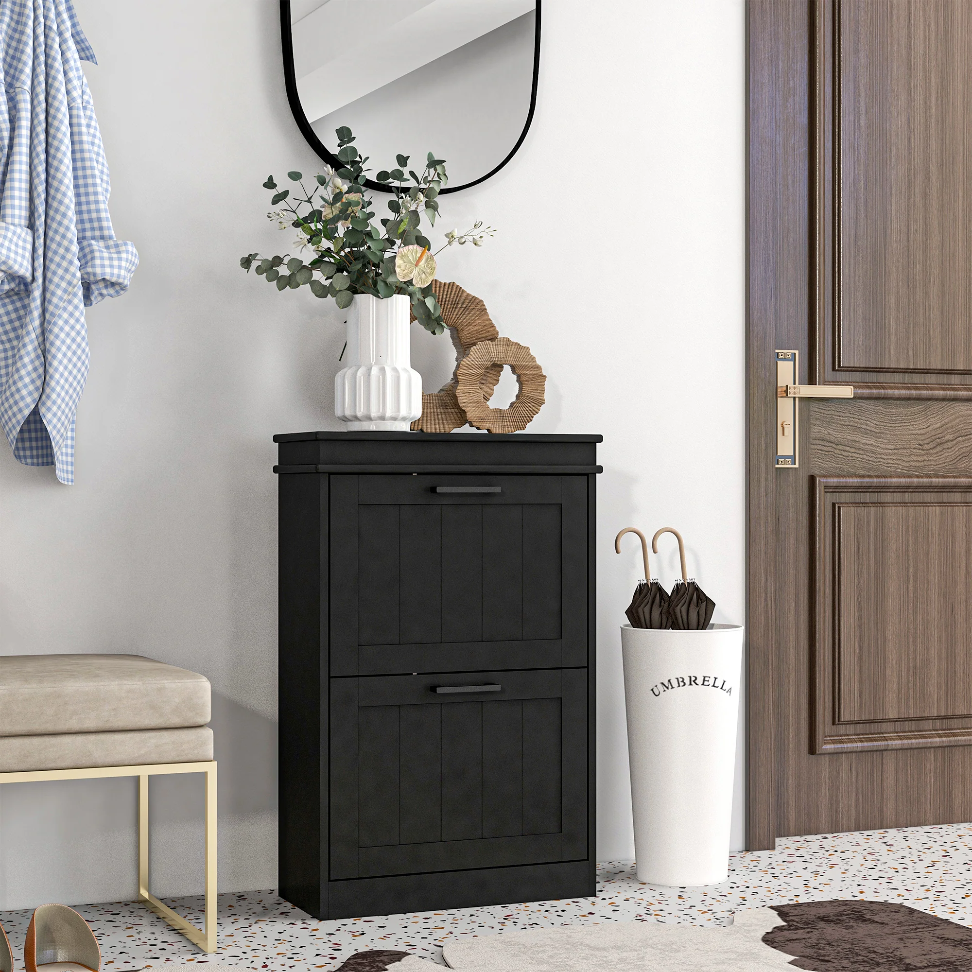 Shoe Storage Cabinet with 2 Flip Drawers for 10 Pairs, Narrow Shoe Organizer, Black - Image 3