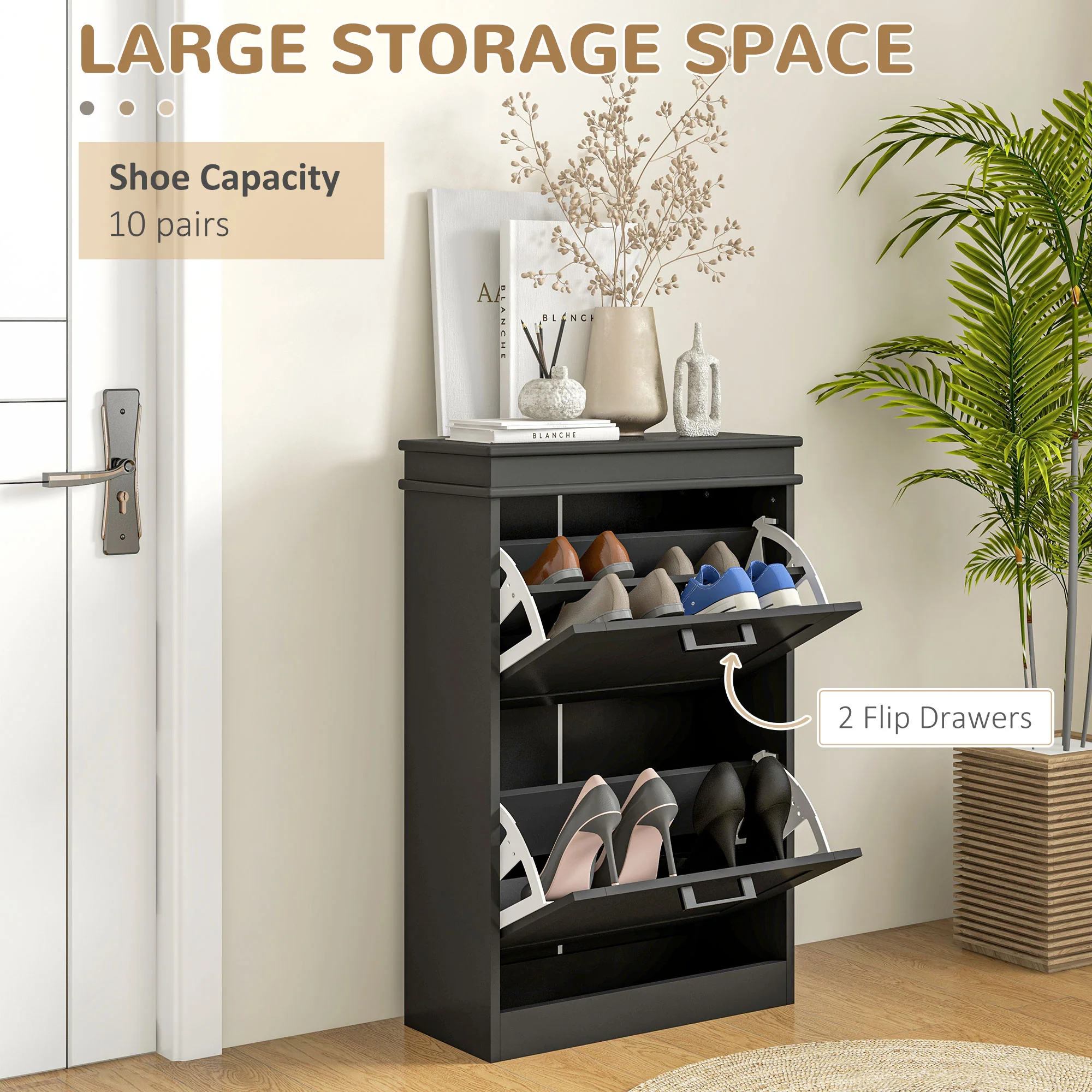 Shoe Storage Cabinet with 2 Flip Drawers for 10 Pairs, Narrow Shoe Organizer, Black - Image 6