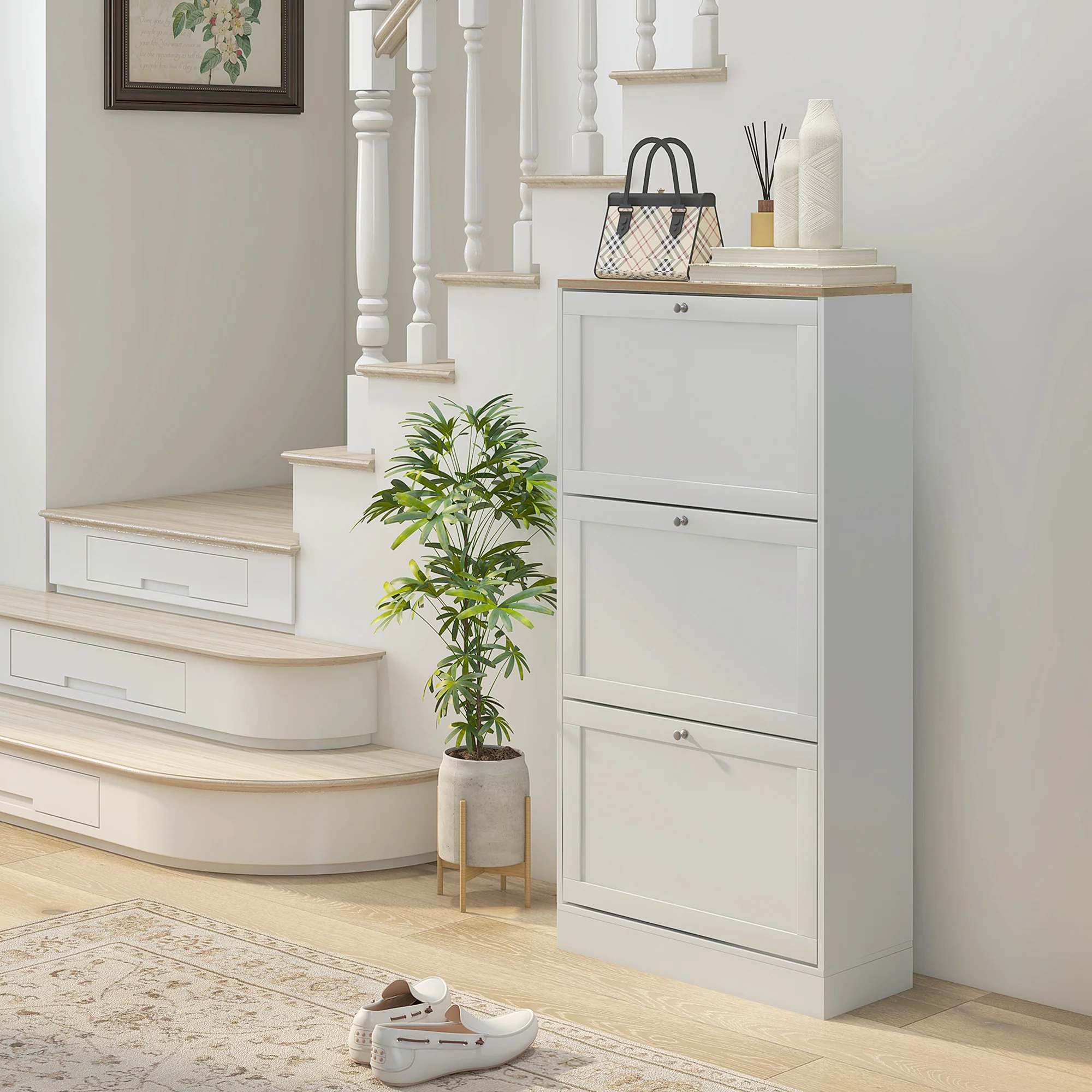 Modern Shoe Storage Cabinet with 3 Flip Drawers for 18 Pairs White - Image 3