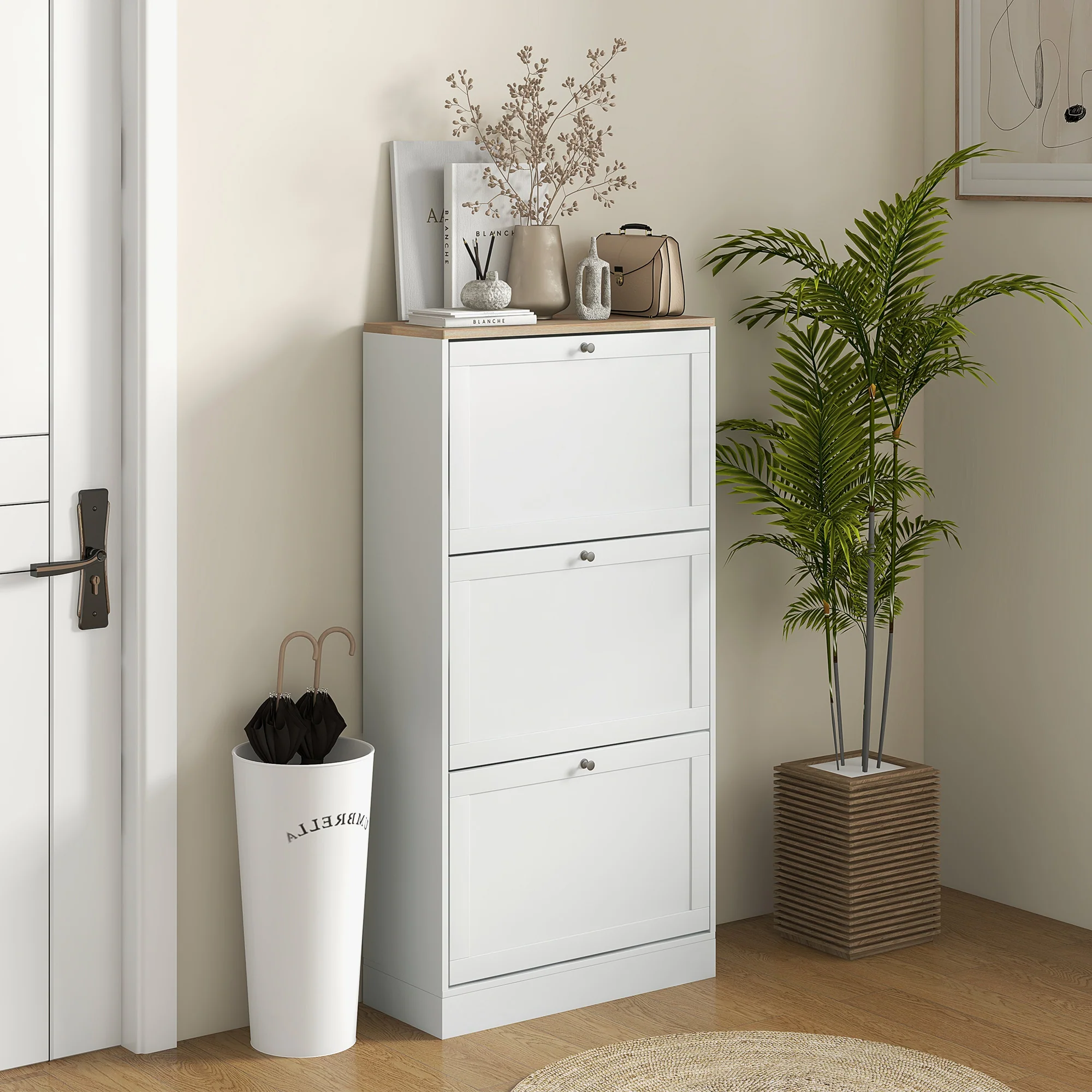 Modern Shoe Storage Cabinet with 3 Flip Drawers for 18 Pairs White - Image 4