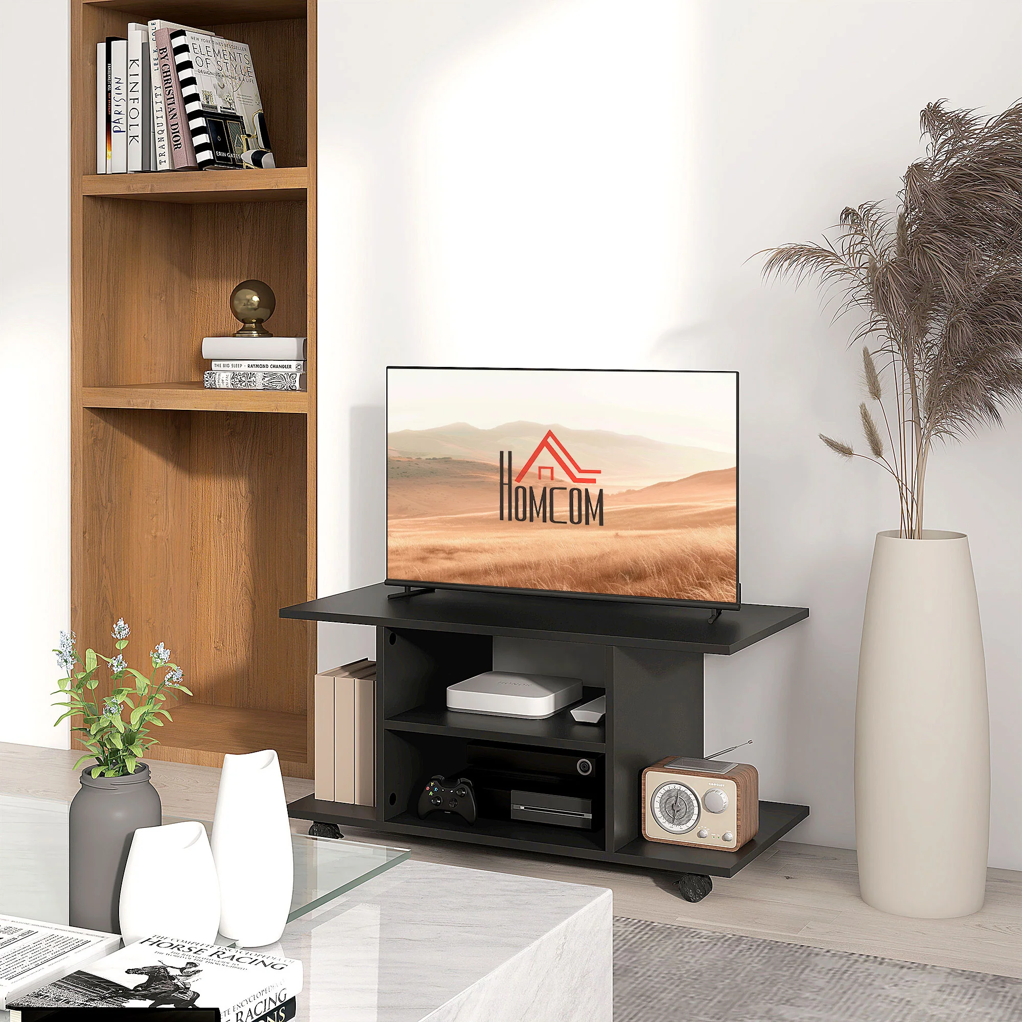Modern TV Cabinet Stand with Storage Shelves &Wheels, Bedroom Mobile Bookshelf, Black - Image 4