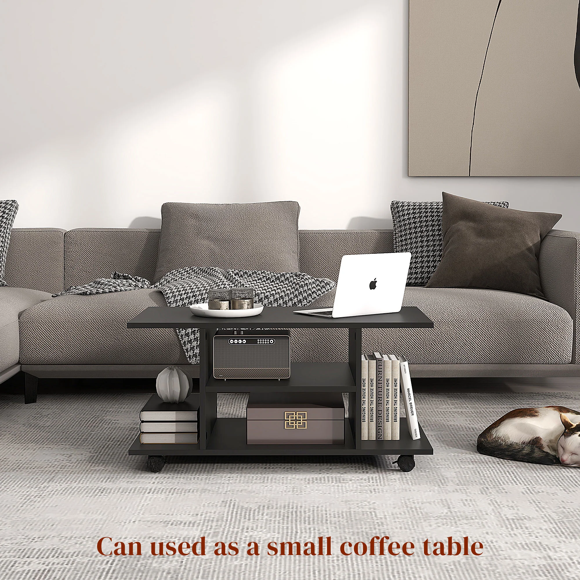 Modern TV Cabinet Stand with Storage Shelves &Wheels, Bedroom Mobile Bookshelf, Black - Image 8