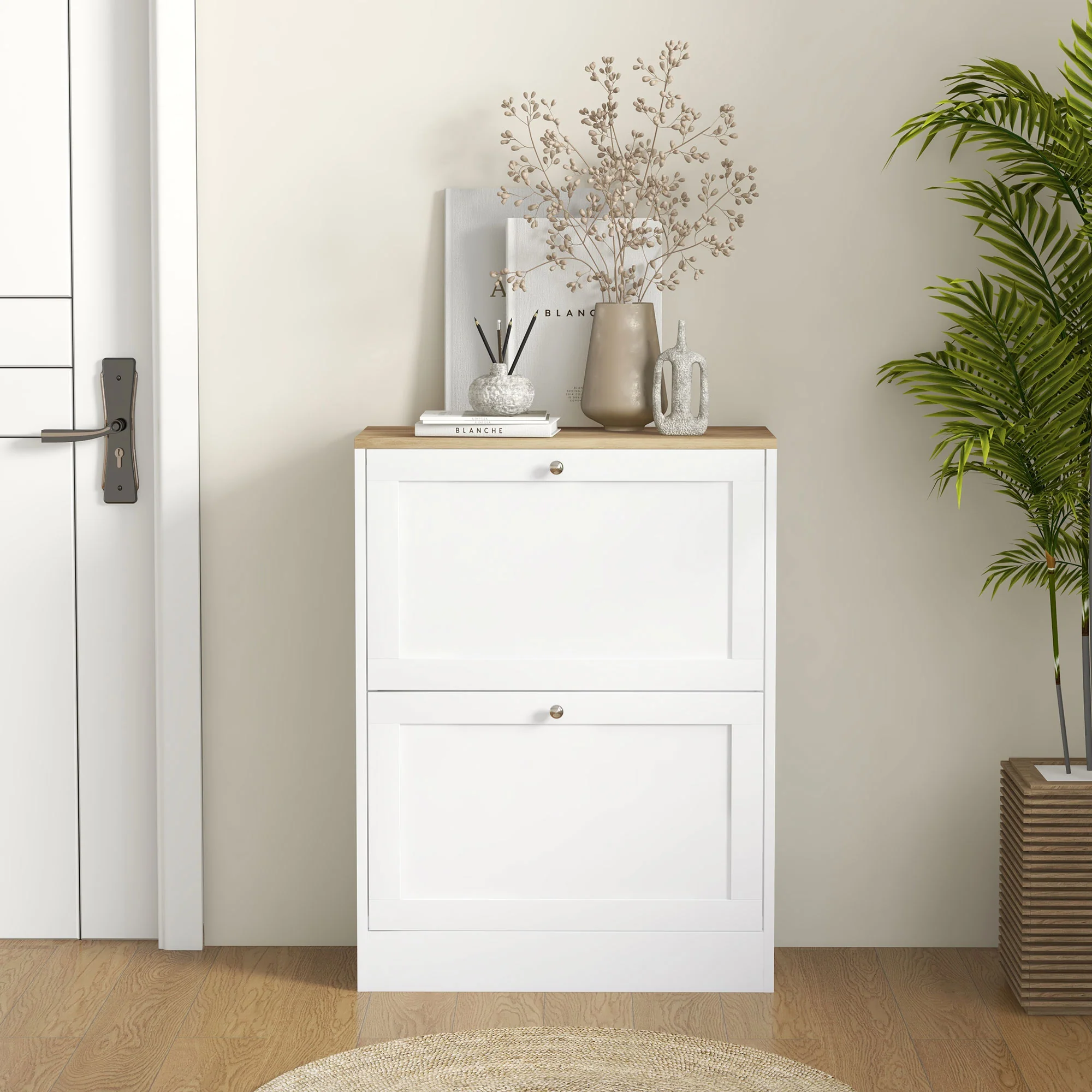 Narrow Shoe Cabinet with 2 Flip Drawers, Entryway Shoe Storage Unit for 12 Pairs, White - Image 10
