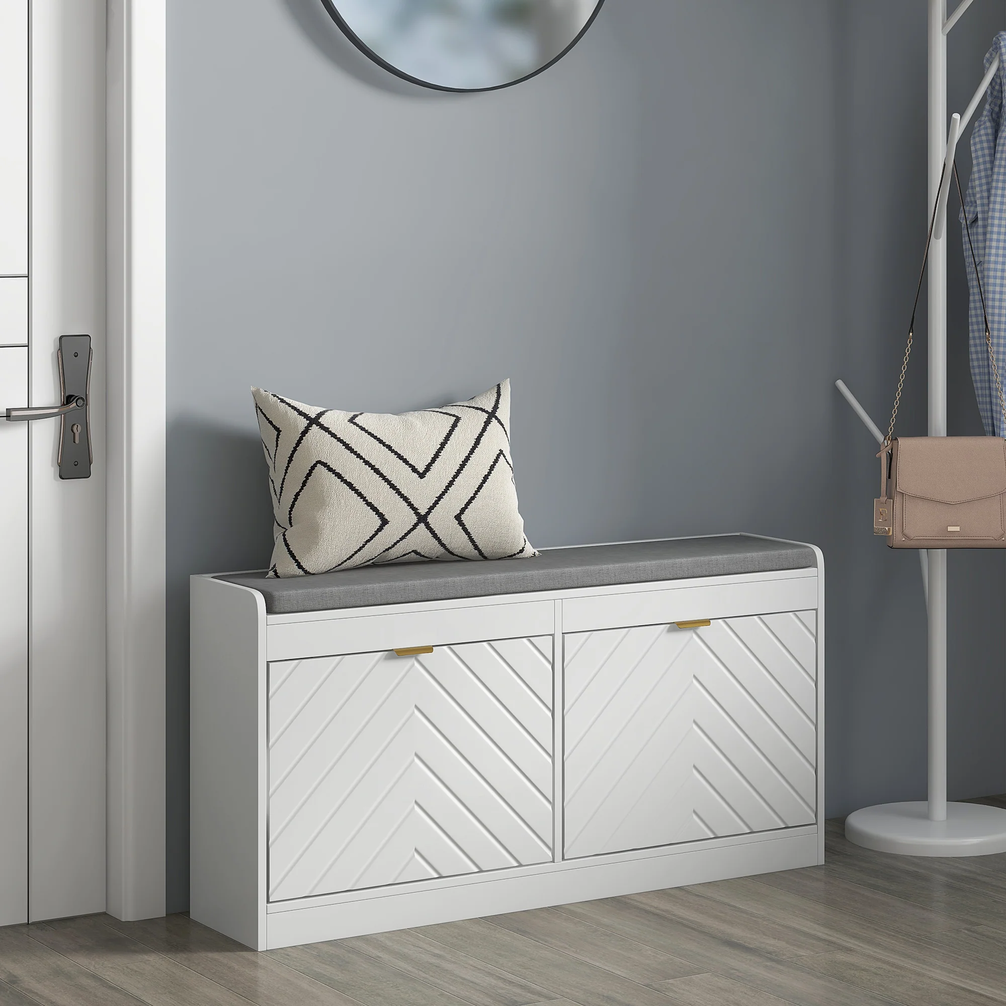 Narrow Entryway Storage Bench with 2 Flip Drawers, 2 Vents for 8 Pairs, White - Image 4