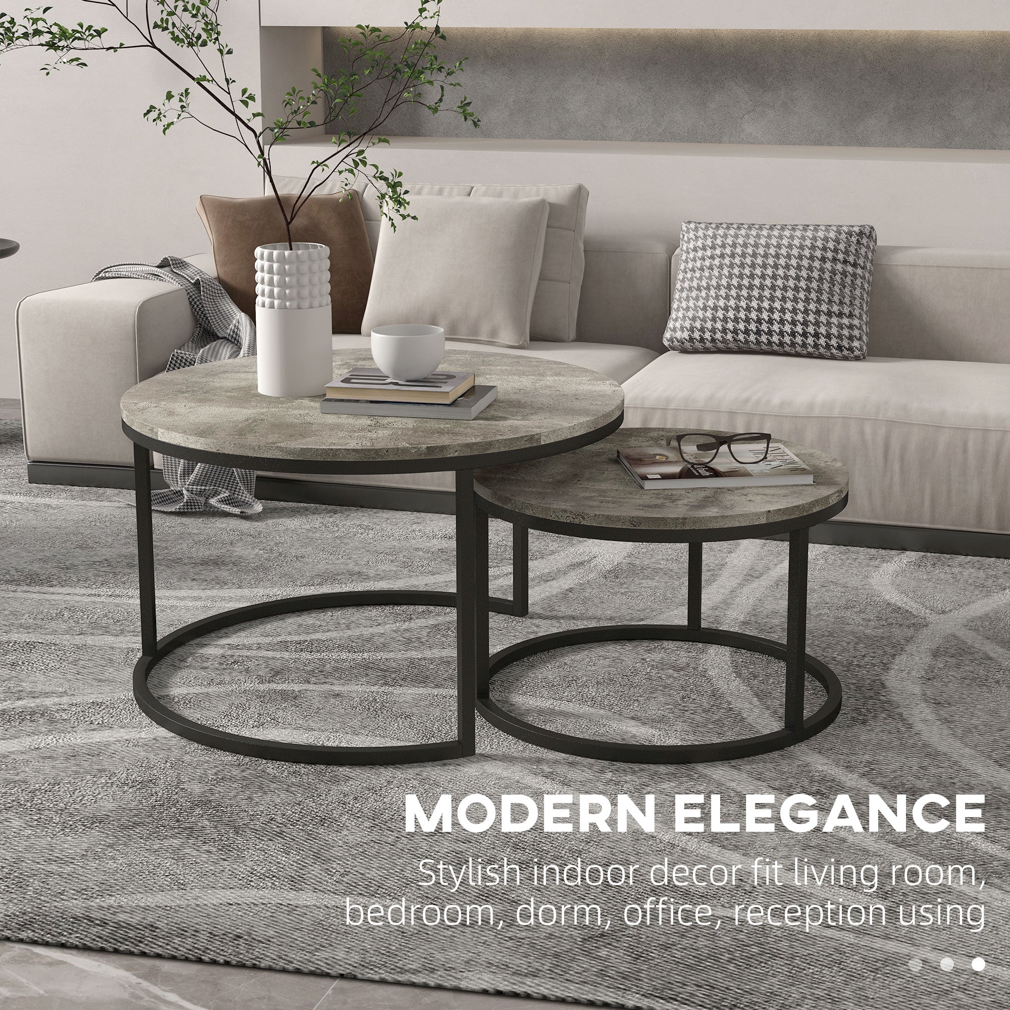 Round Coffee Table Set of 2, Nest of Tables for Living Room, Cement Grey - Image 6