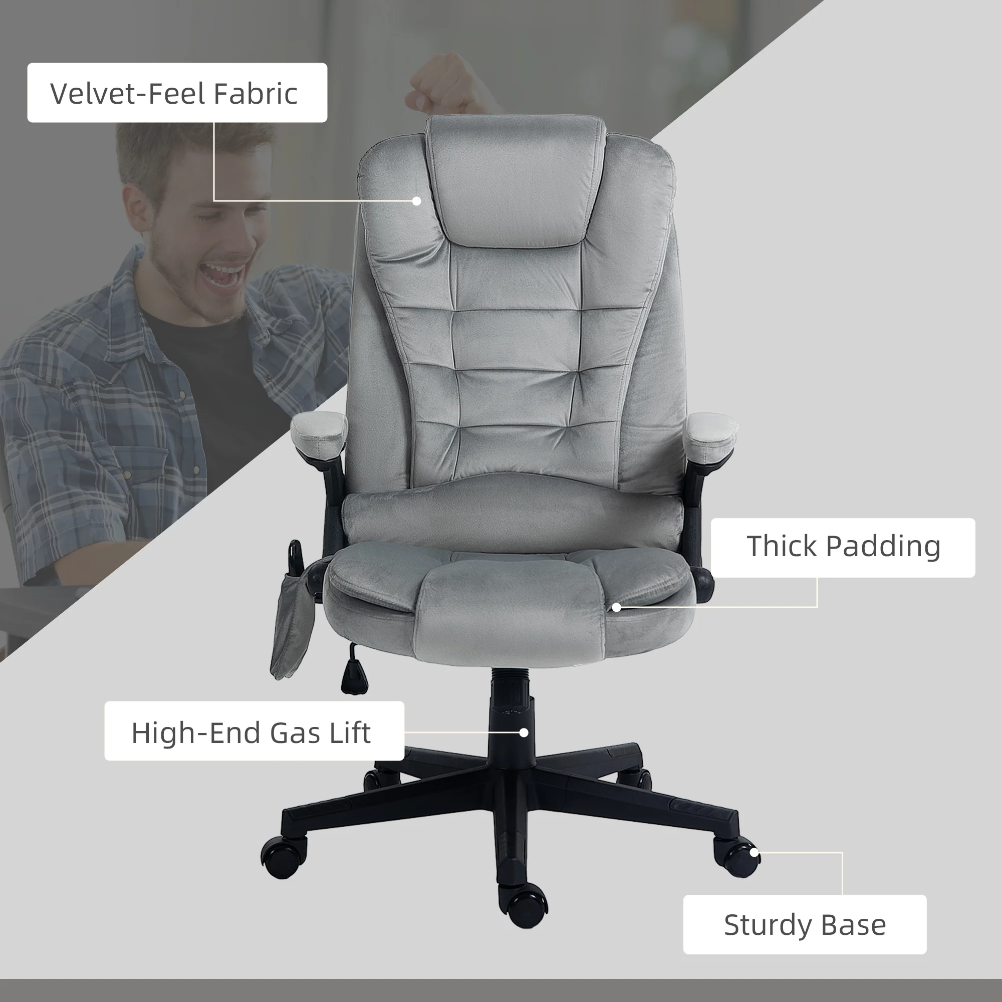 6 Points Heated Executive Office Chair, Velvet High Back Massage Office Chair, Gray - Image 11