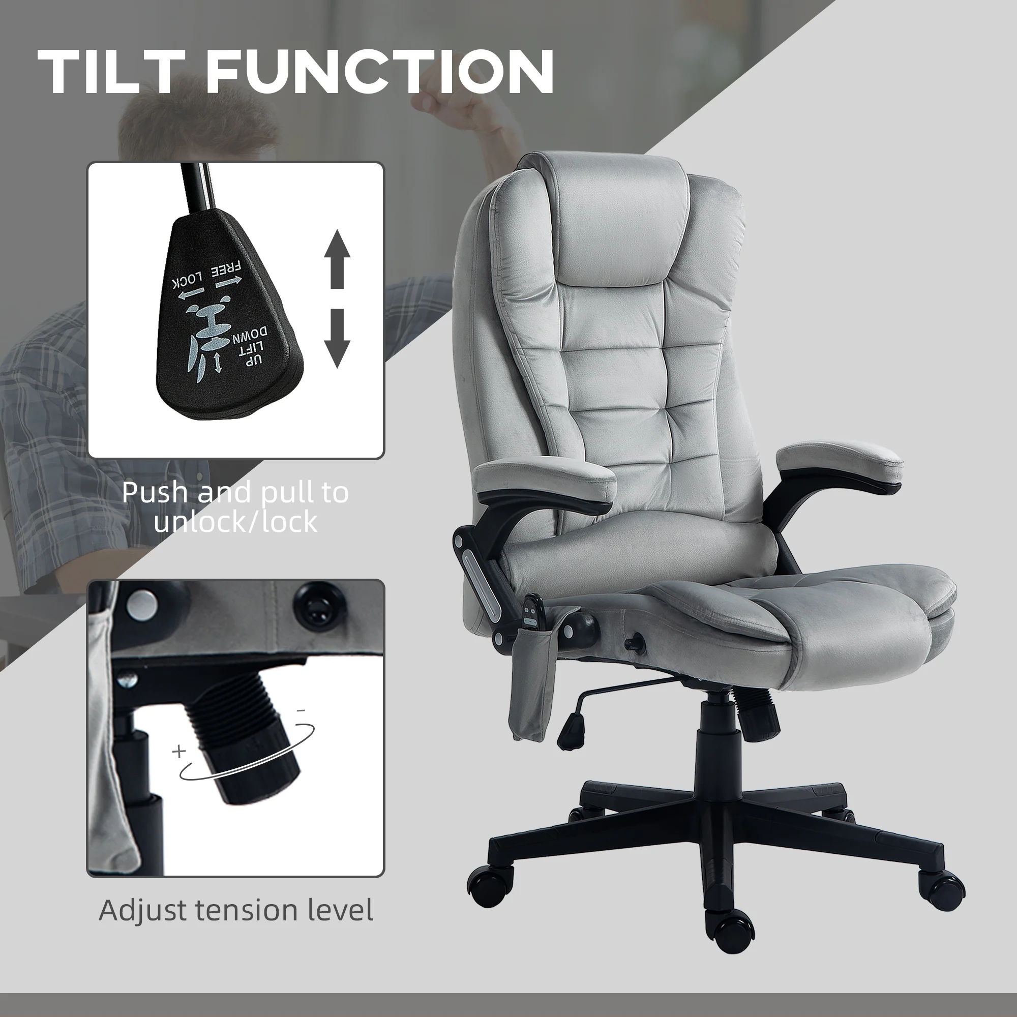 6 Points Heated Executive Office Chair, Velvet High Back Massage Office Chair, Gray - Image 7
