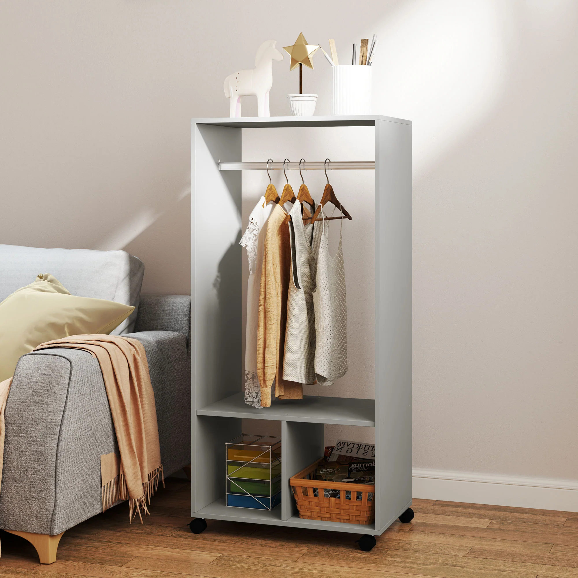 Open Wardrobe for Bedroom, Small Wardrobe on Wheels with Clothes Rail, Storage Shelves, Grey - Image 9