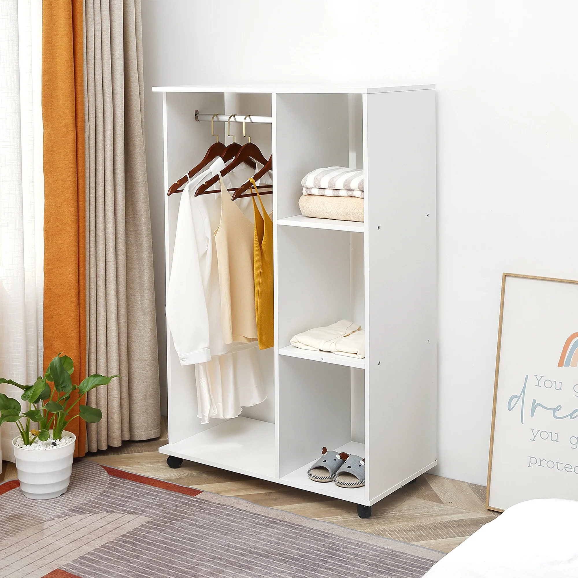 Open Wardrobe on Wheels, Small Wardrobe with Clothes Rail, 3 Storage Shelves, White - Image 3