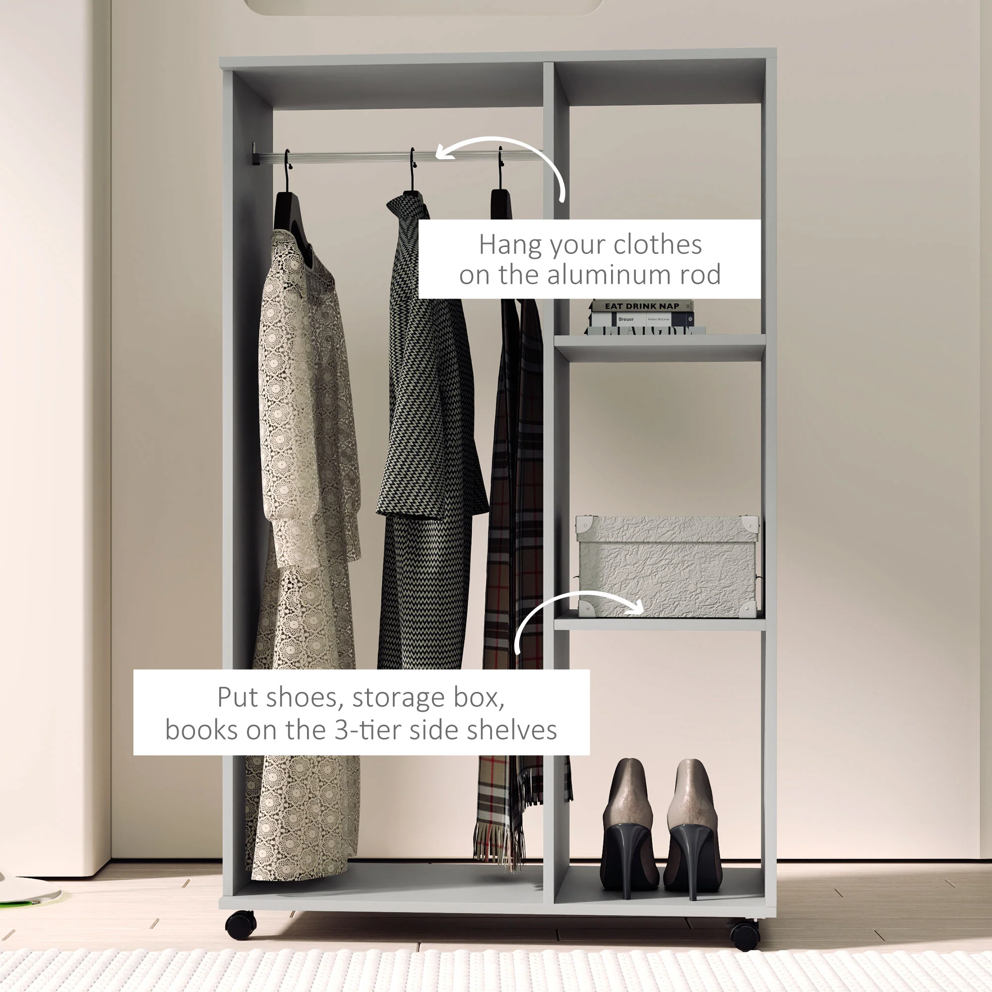 Open Wardrobe on Wheels, Small Wardrobe with Clothes Rail, 3 Storage Shelves, Grey - Image 9