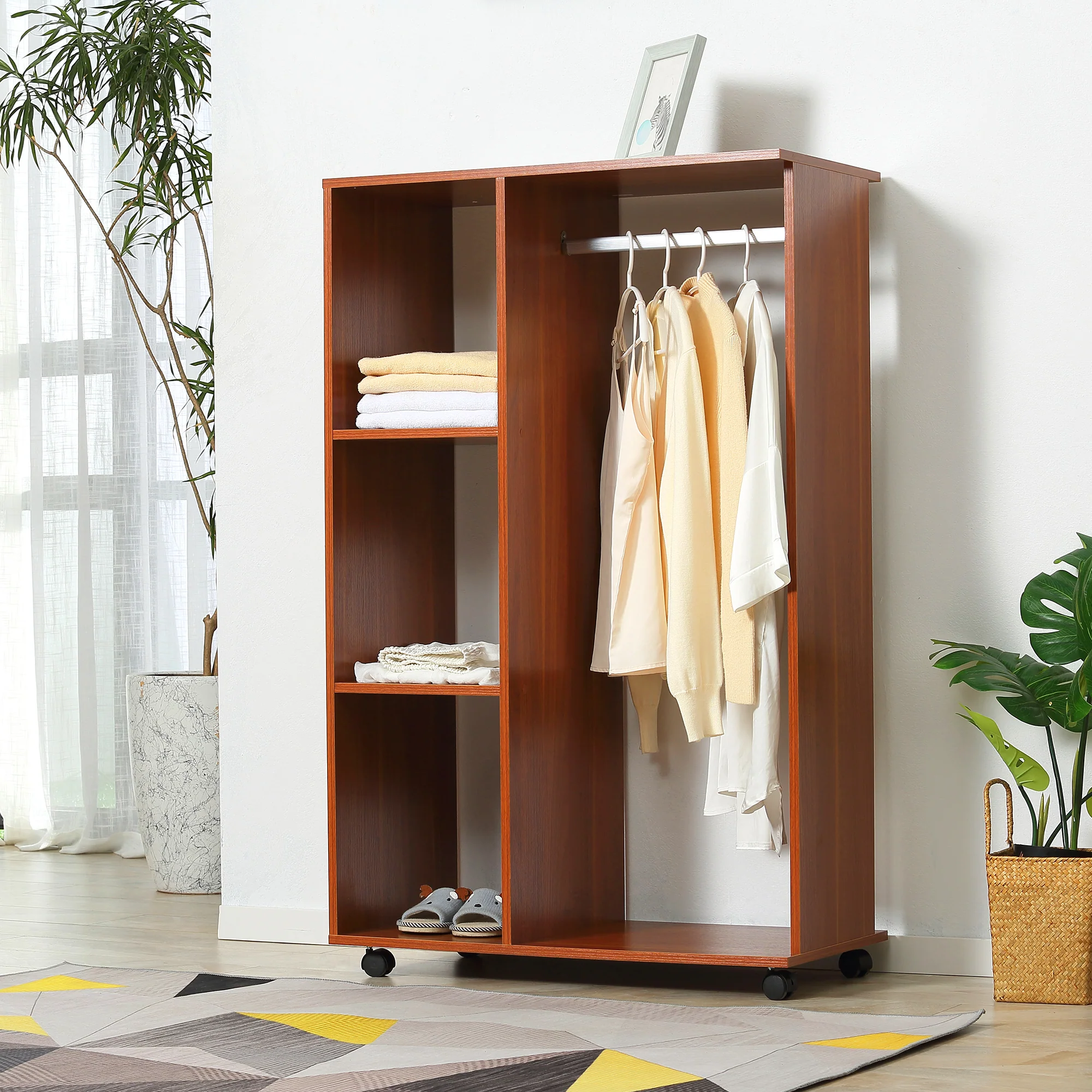 Open Wardrobe on Wheels, Small Wardrobe with Clothes Rail, 3 Storage Shelves, Walnut - Image 4