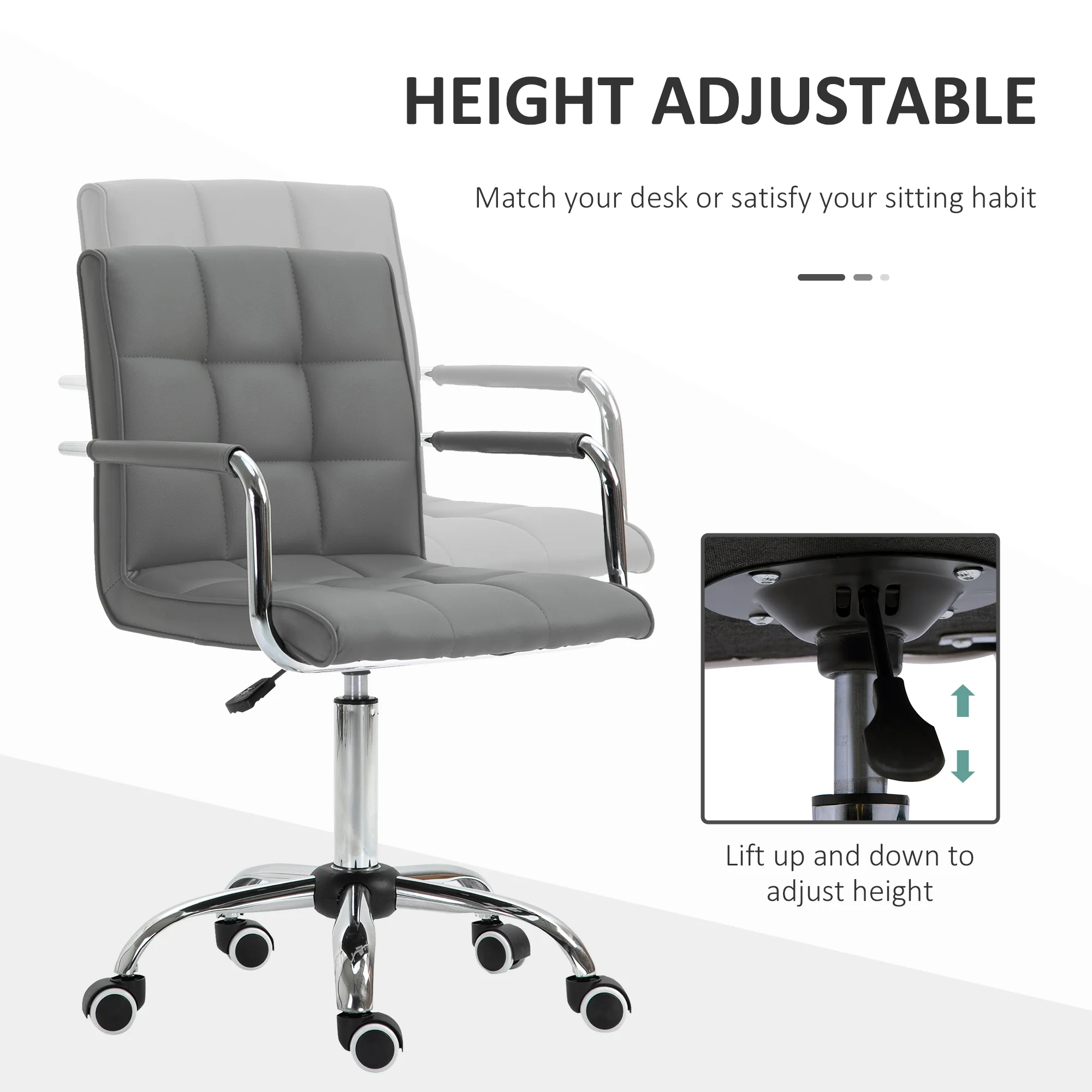 Swivel Computer Office Chair, PU Leather Study Chair with Rolling Wheels, Grey - Image 6