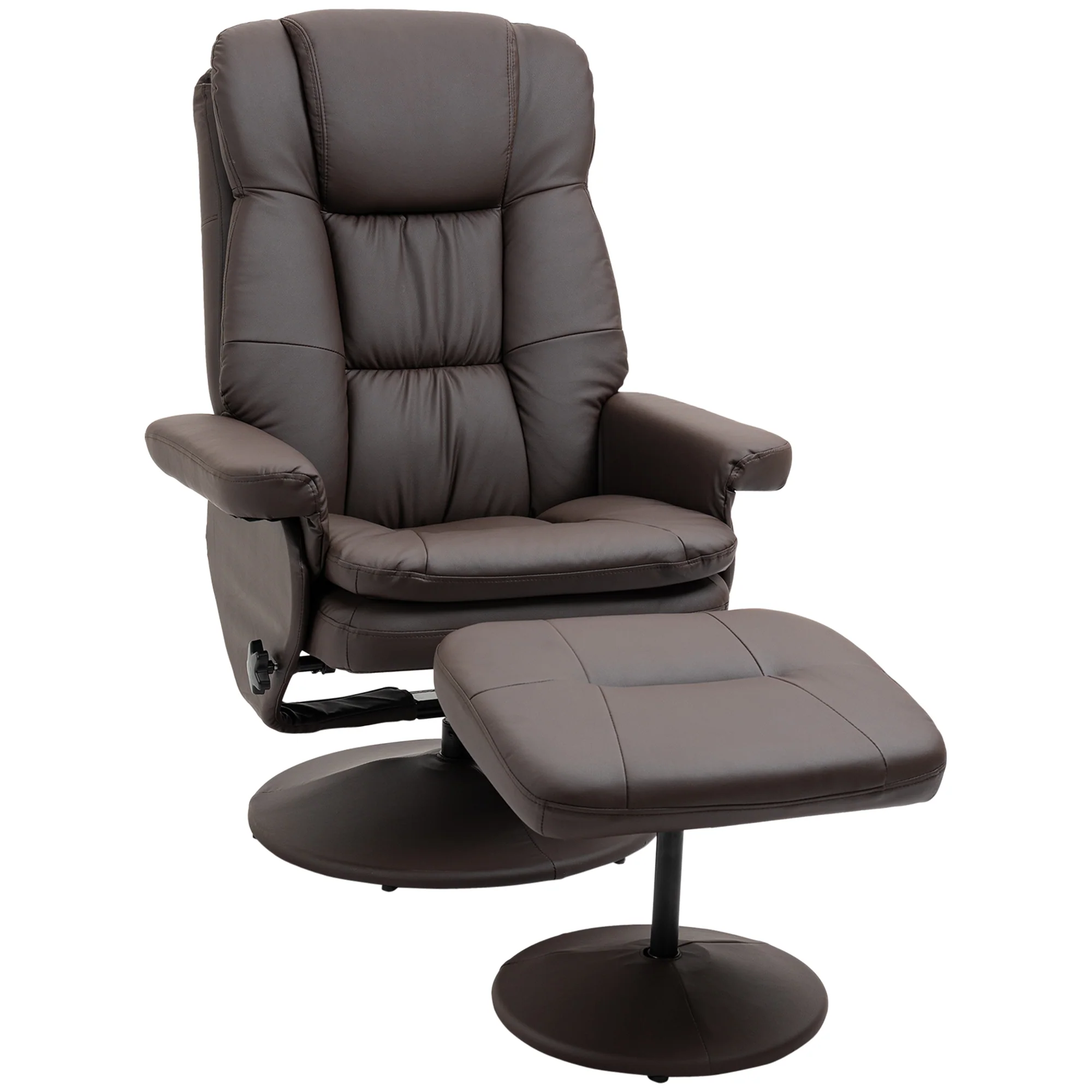 PU Leather Recliner Chair w/ Ottoman, Swivel Recliner w/ Round Wrapped Base, Brown
