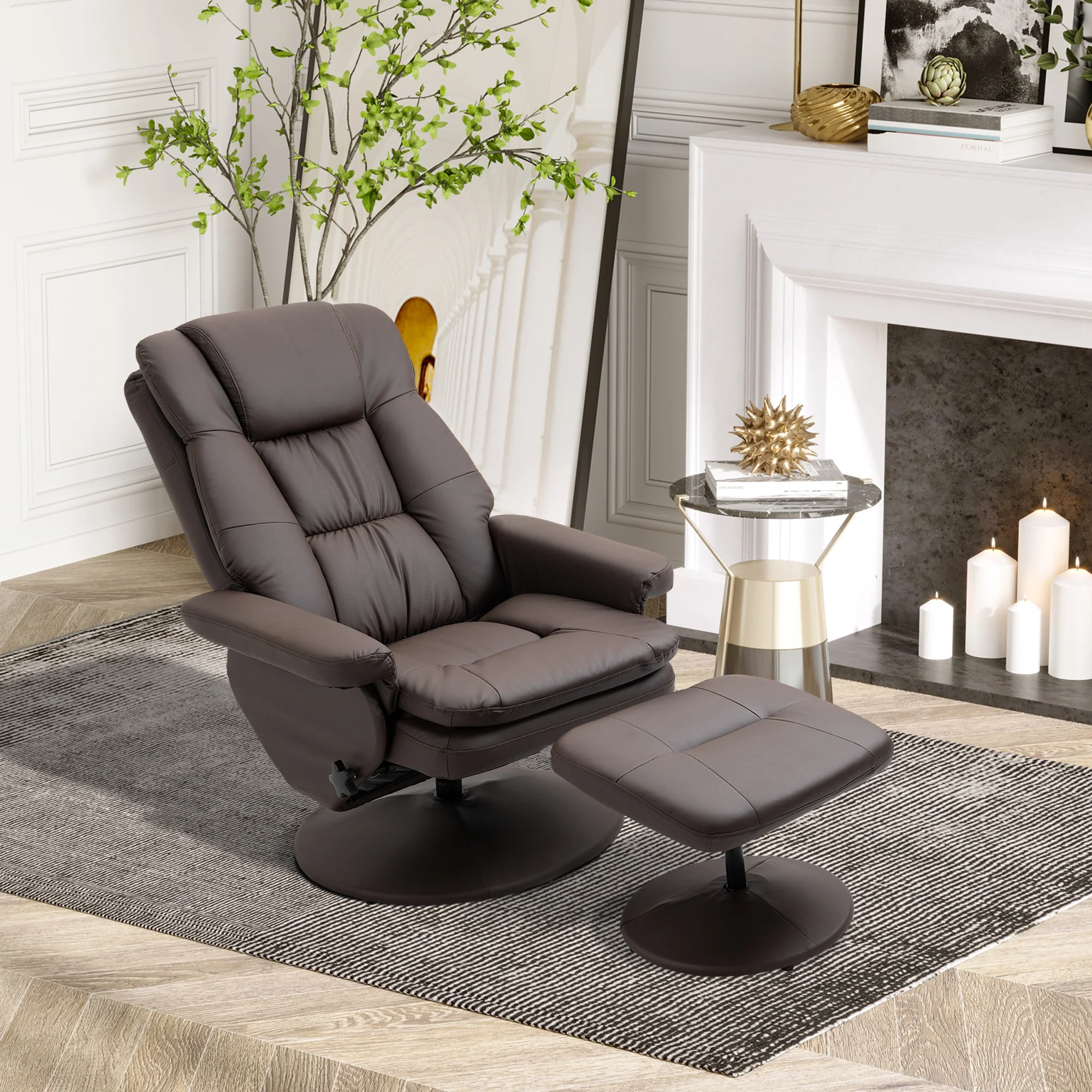 PU Leather Recliner Chair w/ Ottoman, Swivel Recliner w/ Round Wrapped Base, Brown - Image 3
