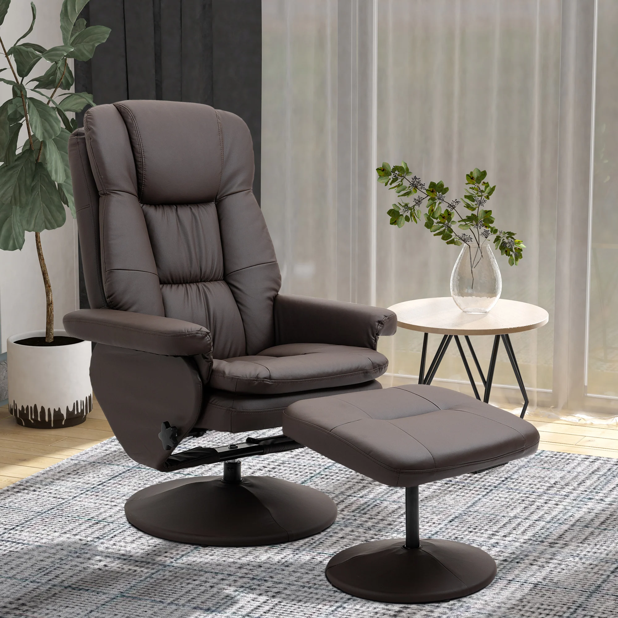 PU Leather Recliner Chair w/ Ottoman, Swivel Recliner w/ Round Wrapped Base, Brown - Image 4