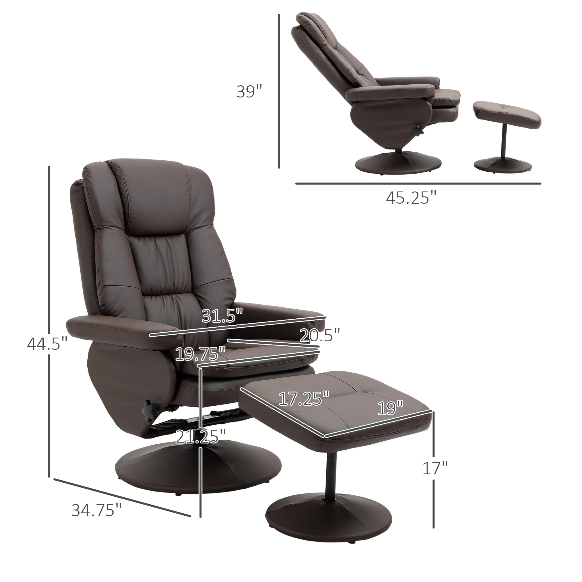 PU Leather Recliner Chair w/ Ottoman, Swivel Recliner w/ Round Wrapped Base, Brown - Image 5