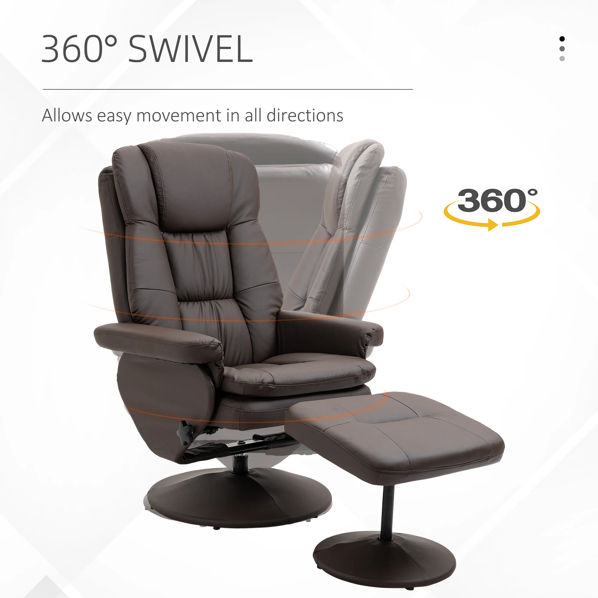 PU Leather Recliner Chair w/ Ottoman, Swivel Recliner w/ Round Wrapped Base, Brown - Image 7