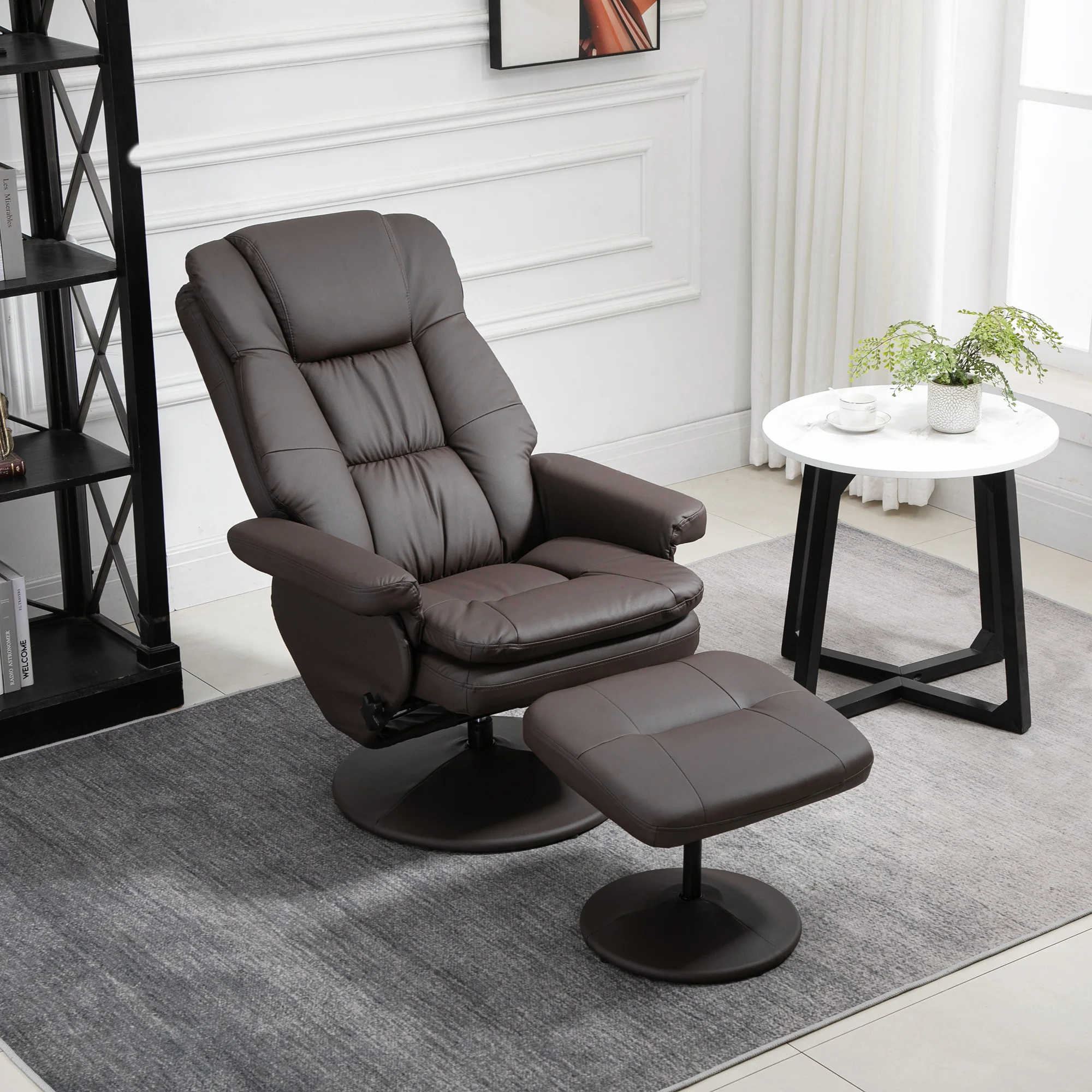 PU Leather Recliner Chair w/ Ottoman, Swivel Recliner w/ Round Wrapped Base, Brown - Image 9