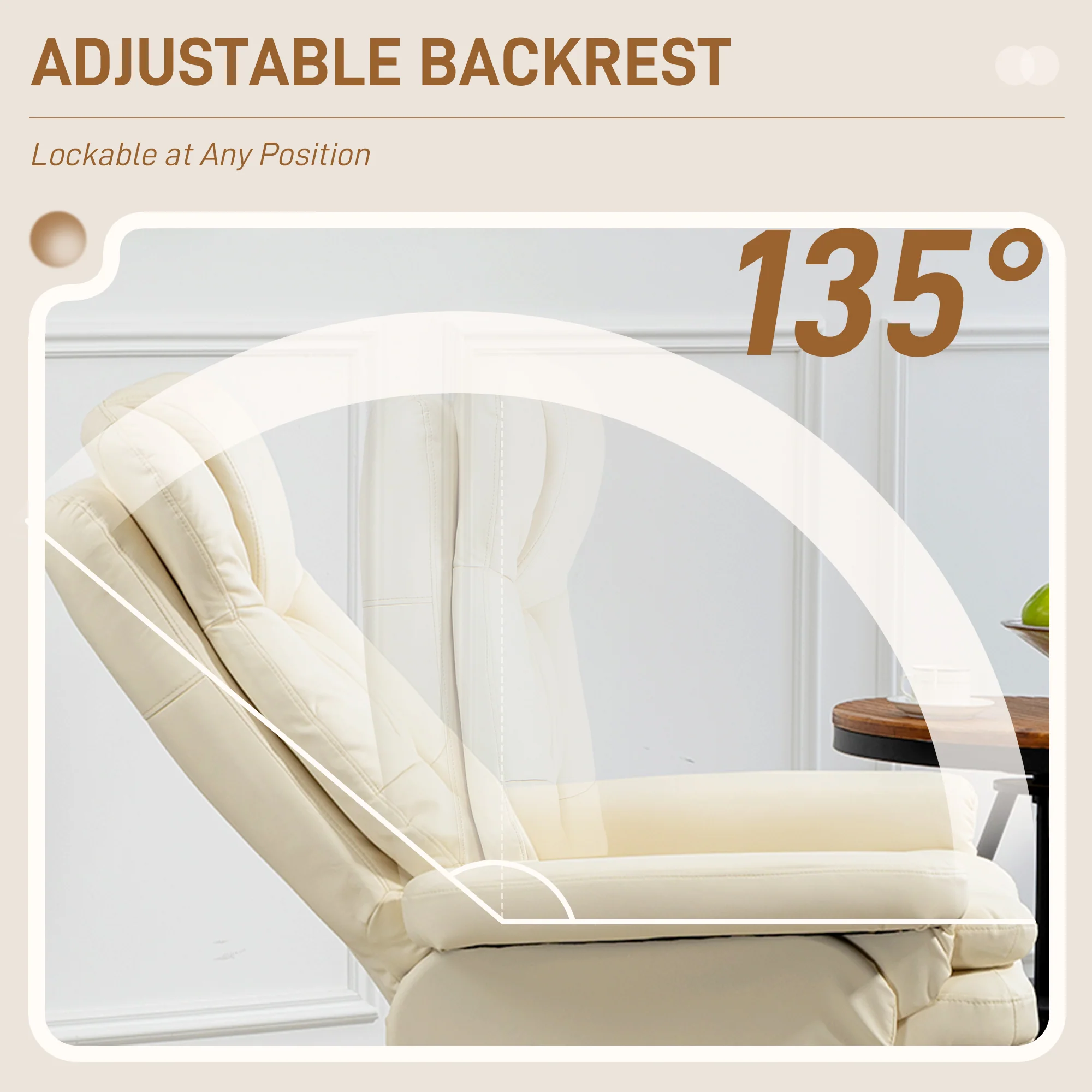 PU Leather Recliner Chair w/ Ottoman, Swivel Recliner w/ Round Wrapped Base, Cream White - Image 6
