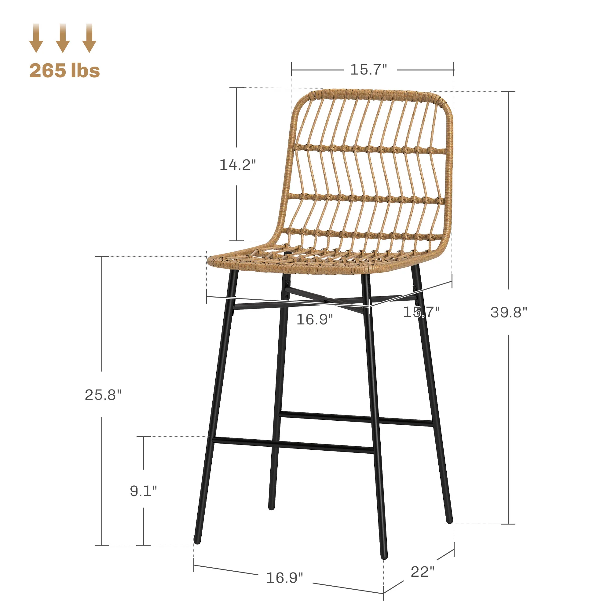 Rattan Counter Height Bar Stools Set of 2, 26" Wicker Barstools for Kitchen Island, Brown - Image 5
