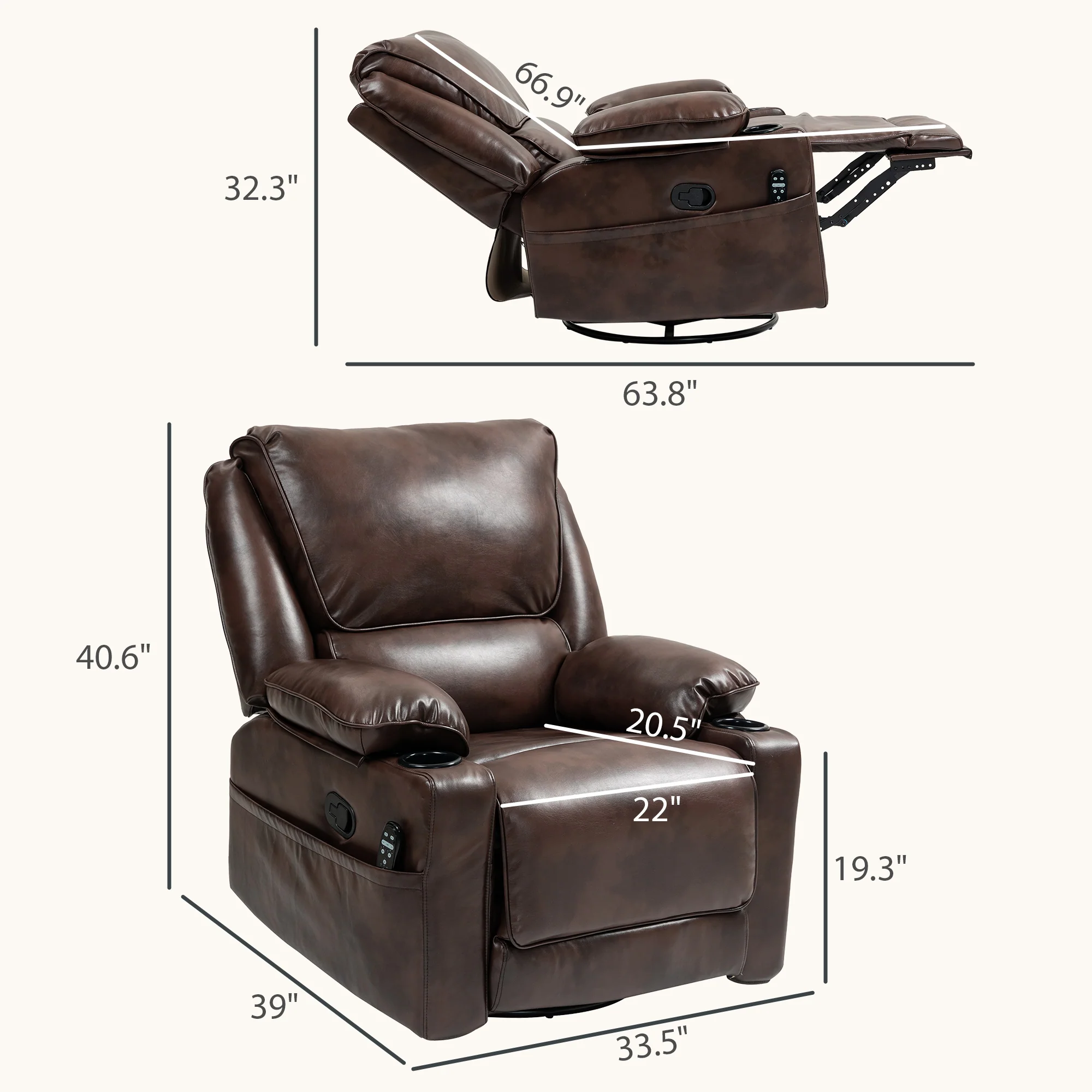 Recliner Massage Swivel Rocker Chair with Heat and Footrest, Brown - Image 5