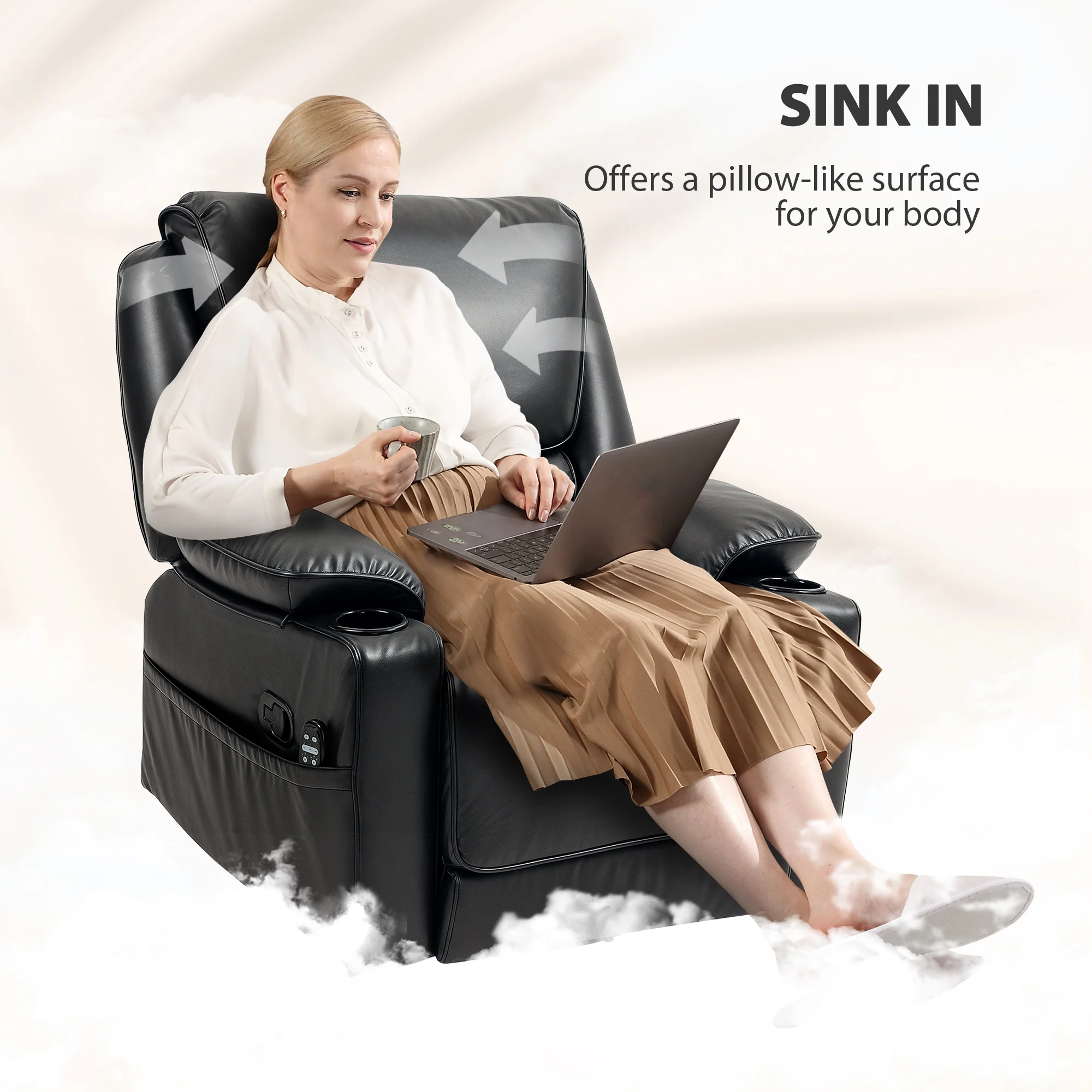 Recliner Massage Armchair with Heat, Swivel Rocker, Footrest & Side Pockets, Black - Image 10