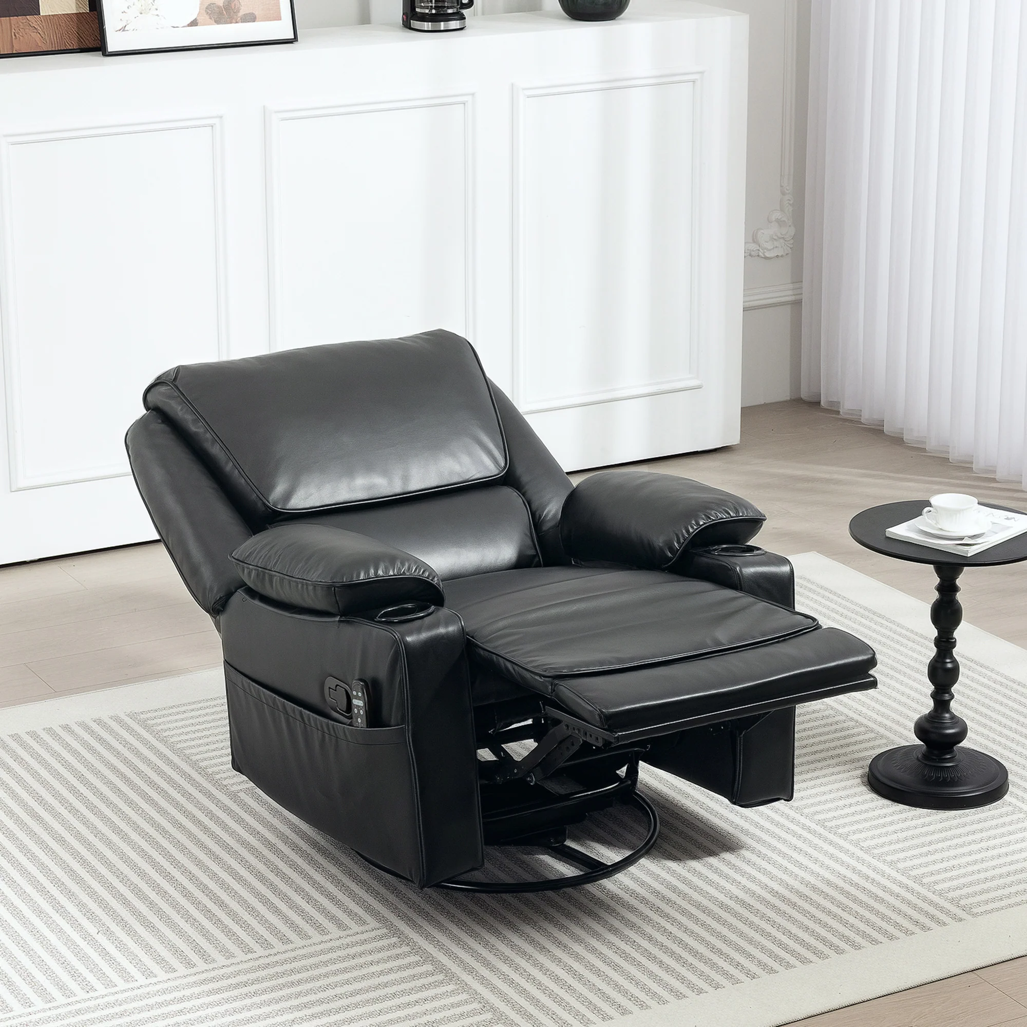 Recliner Massage Armchair with Heat, Swivel Rocker, Footrest & Side Pockets, Black - Image 11