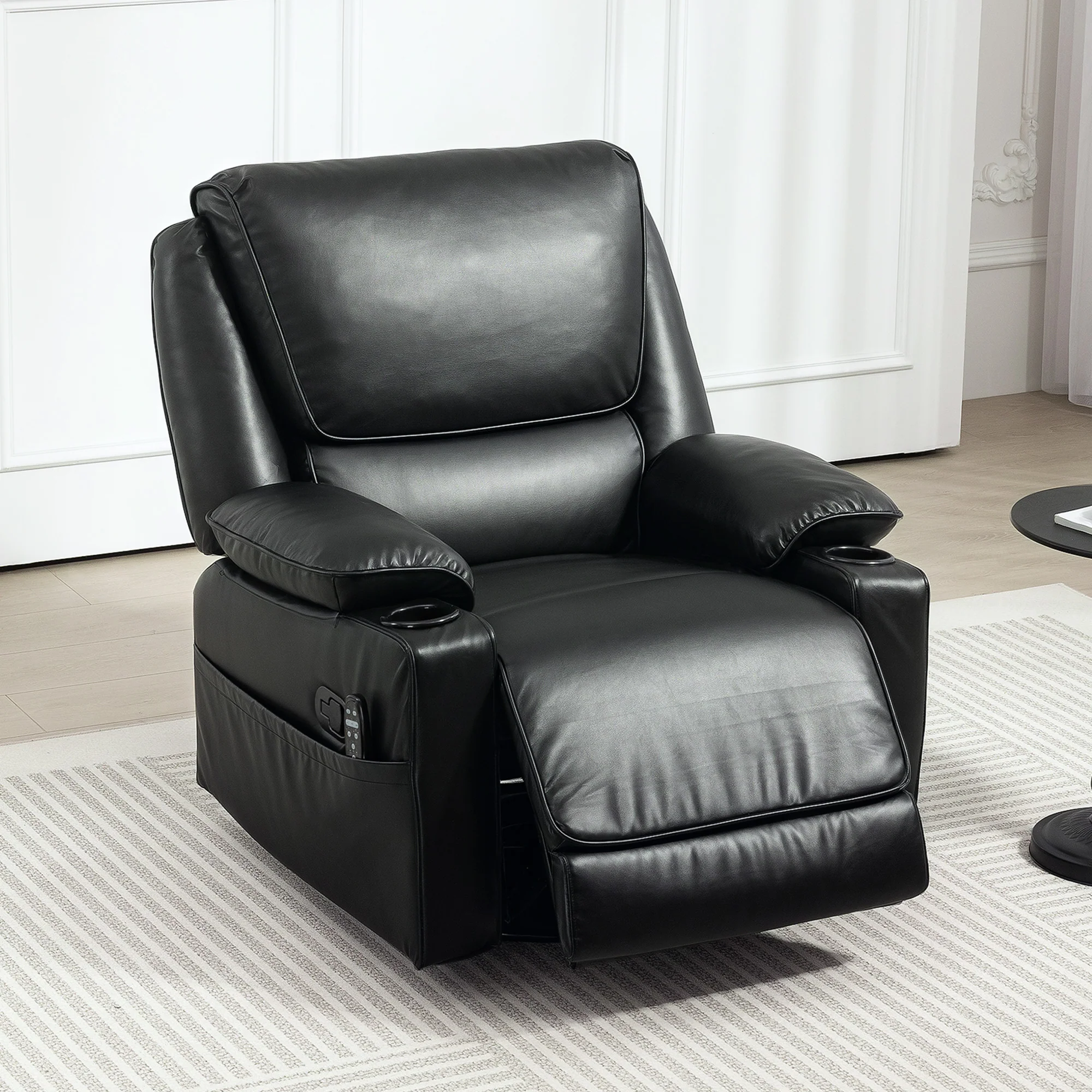 Recliner Massage Armchair with Heat, Swivel Rocker, Footrest & Side Pockets, Black - Image 4
