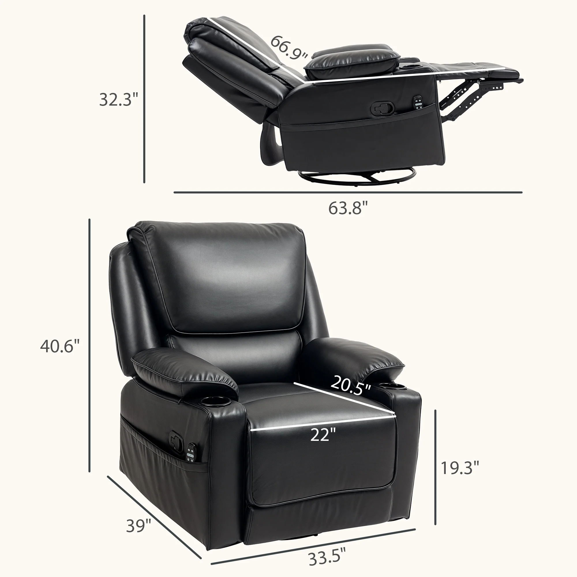Recliner Massage Armchair with Heat, Swivel Rocker, Footrest & Side Pockets, Black - Image 5