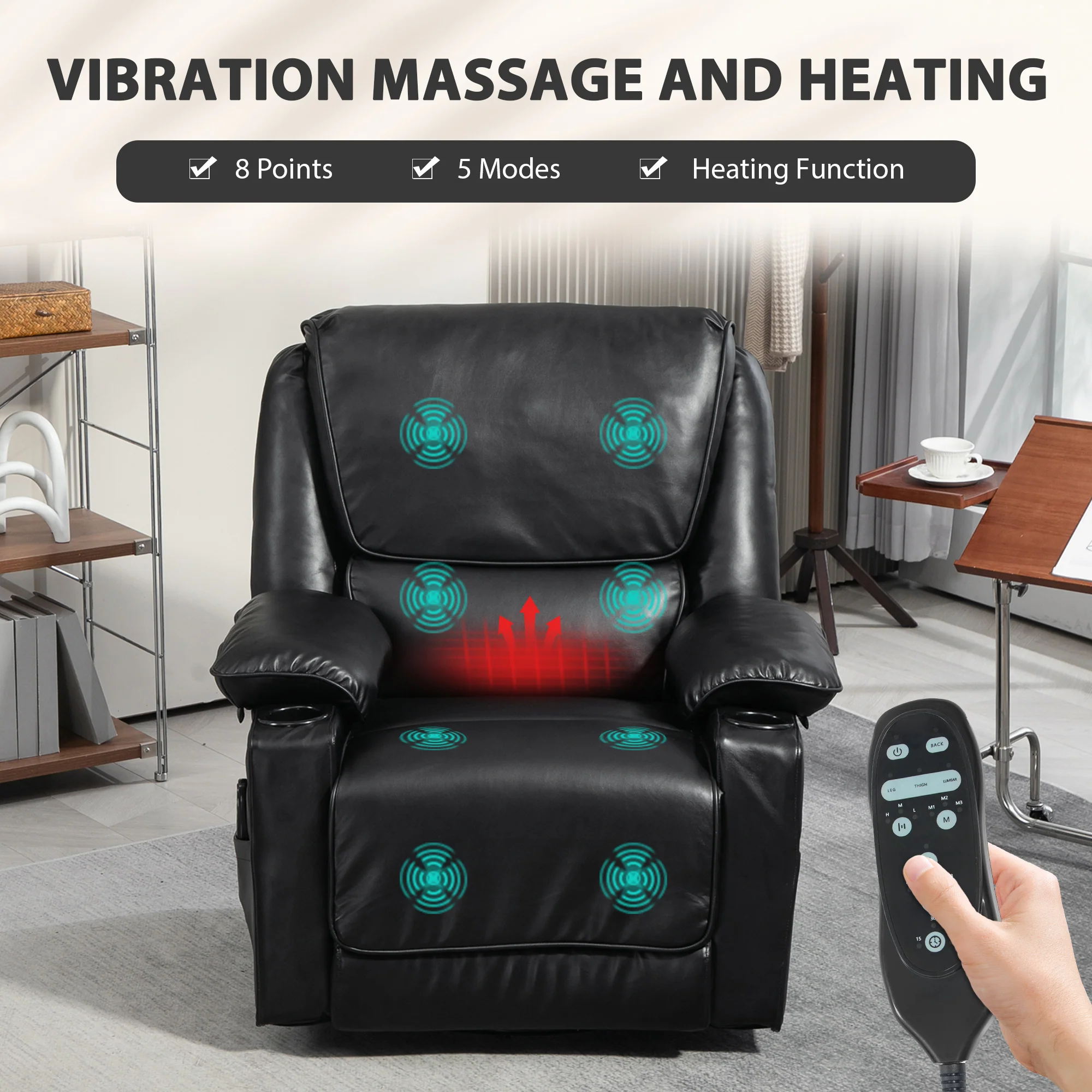 Recliner Massage Armchair with Heat, Swivel Rocker, Footrest & Side Pockets, Black - Image 6