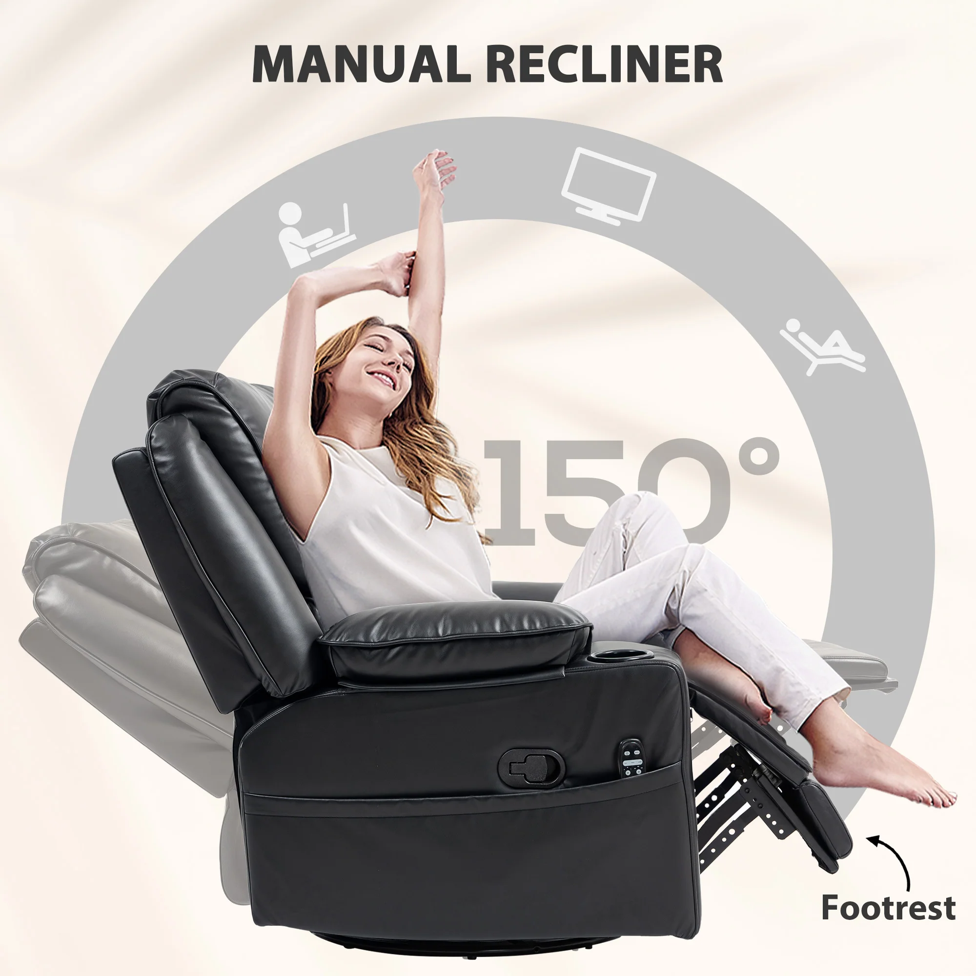 Recliner Massage Armchair with Heat, Swivel Rocker, Footrest & Side Pockets, Black - Image 7